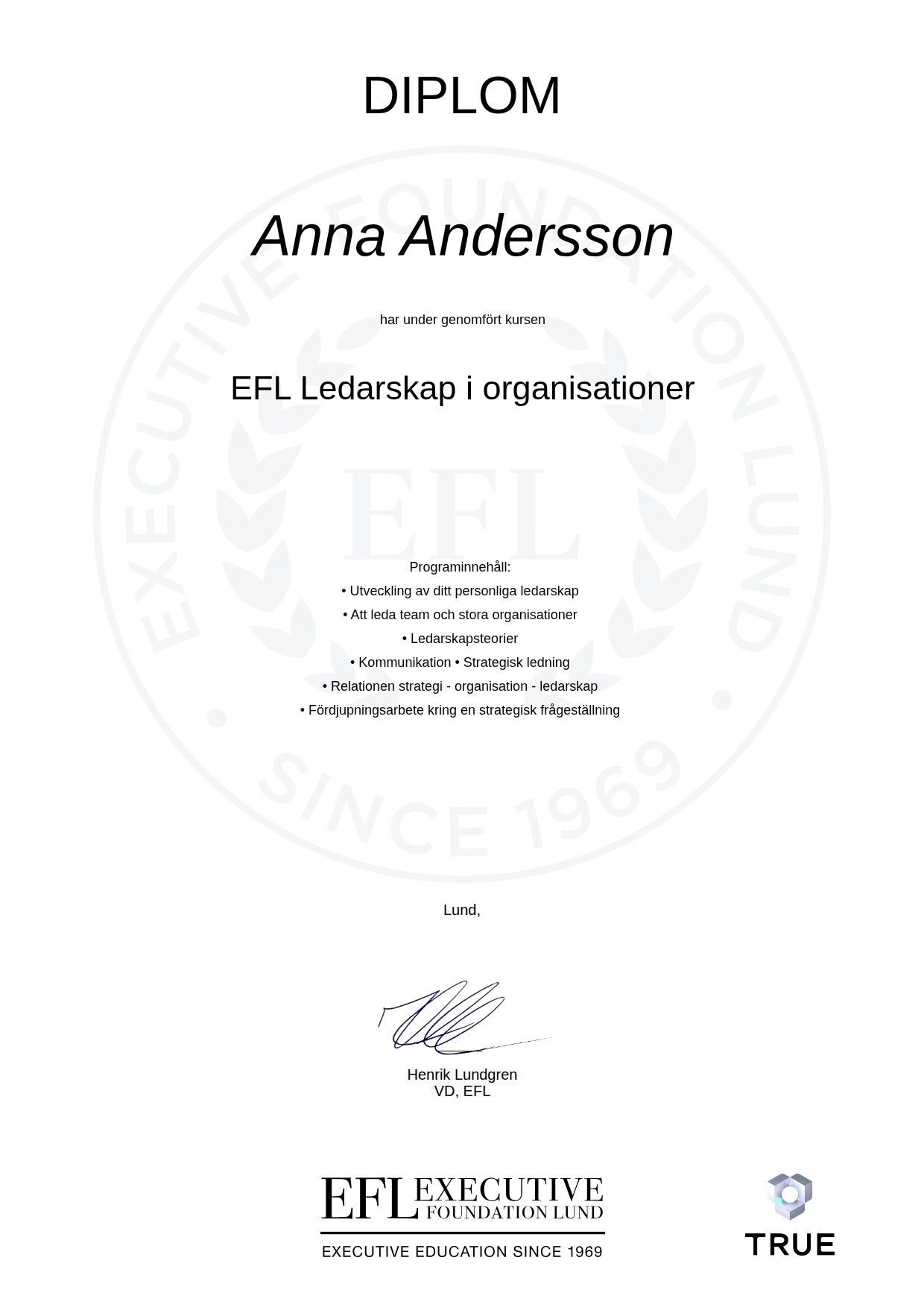 Exempel: diplom för EFL Ledarskap i organisationer från EFL Executive Education