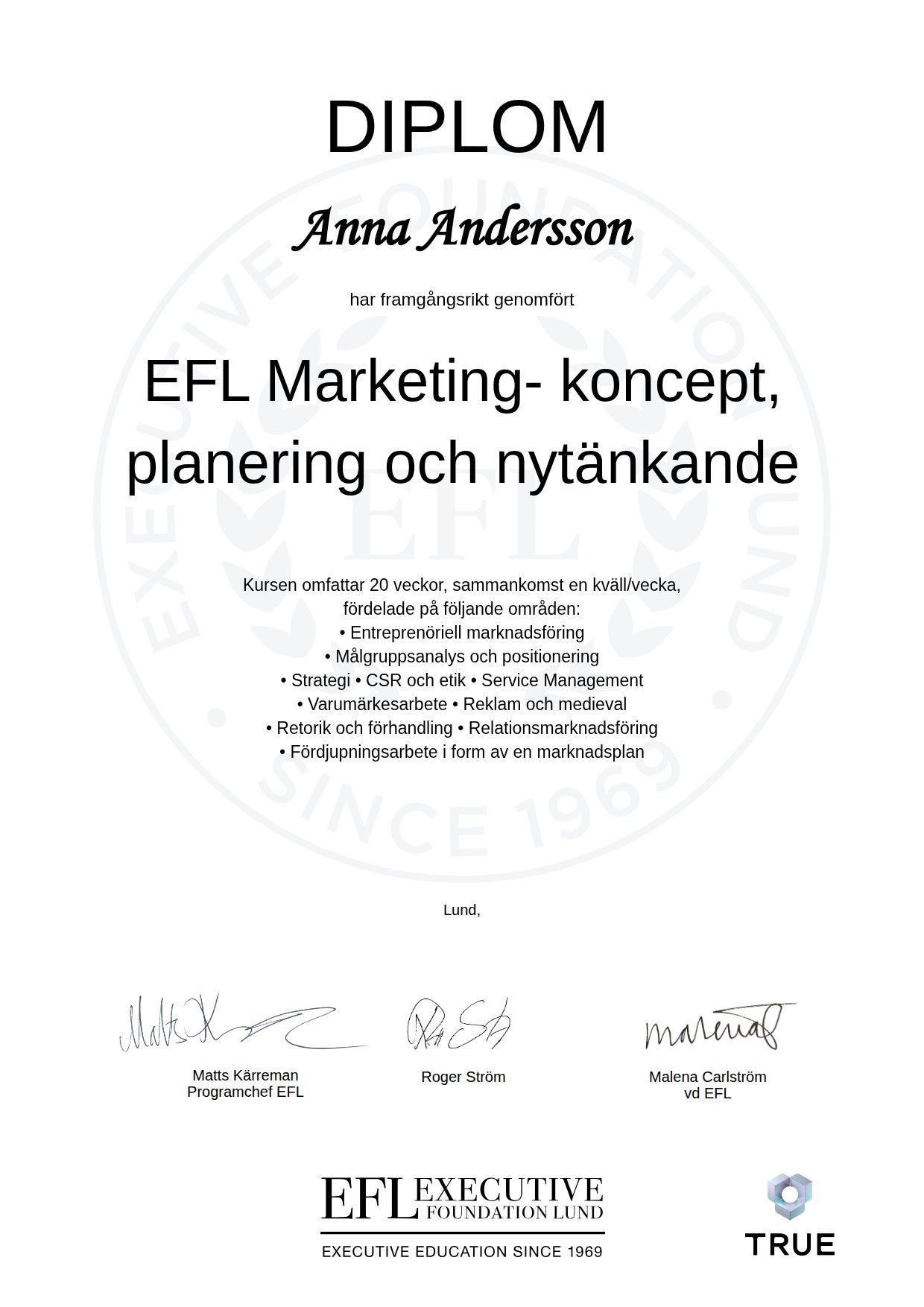 Exempel: diplom för EFL Marketing- koncept, planering och nytänkande från EFL Executive Education