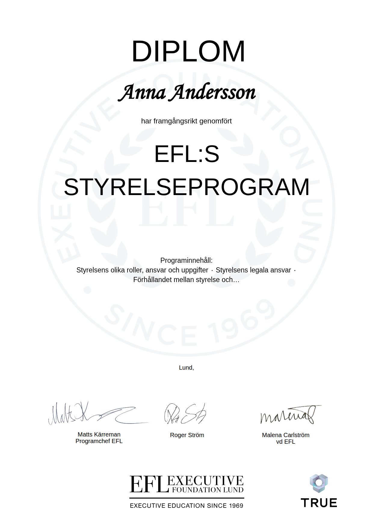 Example certificate for EFL:S STYRELSEPROGRAM from EFL Executive Education