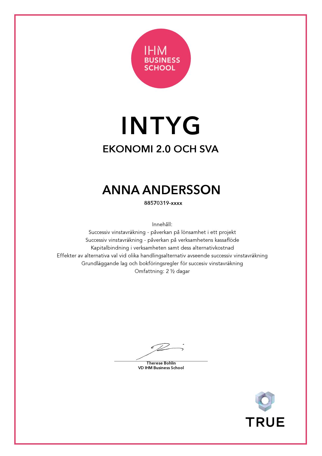 Exempel: diplom för Ekonomi 2.0 och SVA från IHM Business School