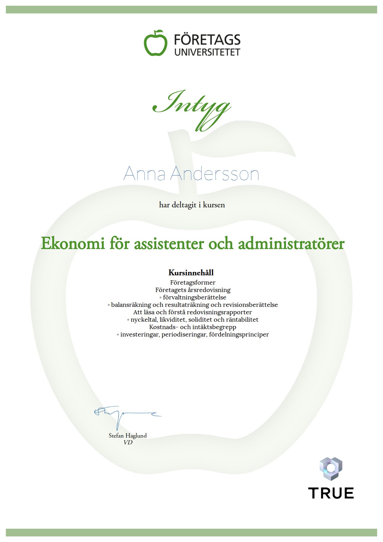 Exempel: diplom för Ekonomi för assistenter och administratörer från Företagsuniversitetet