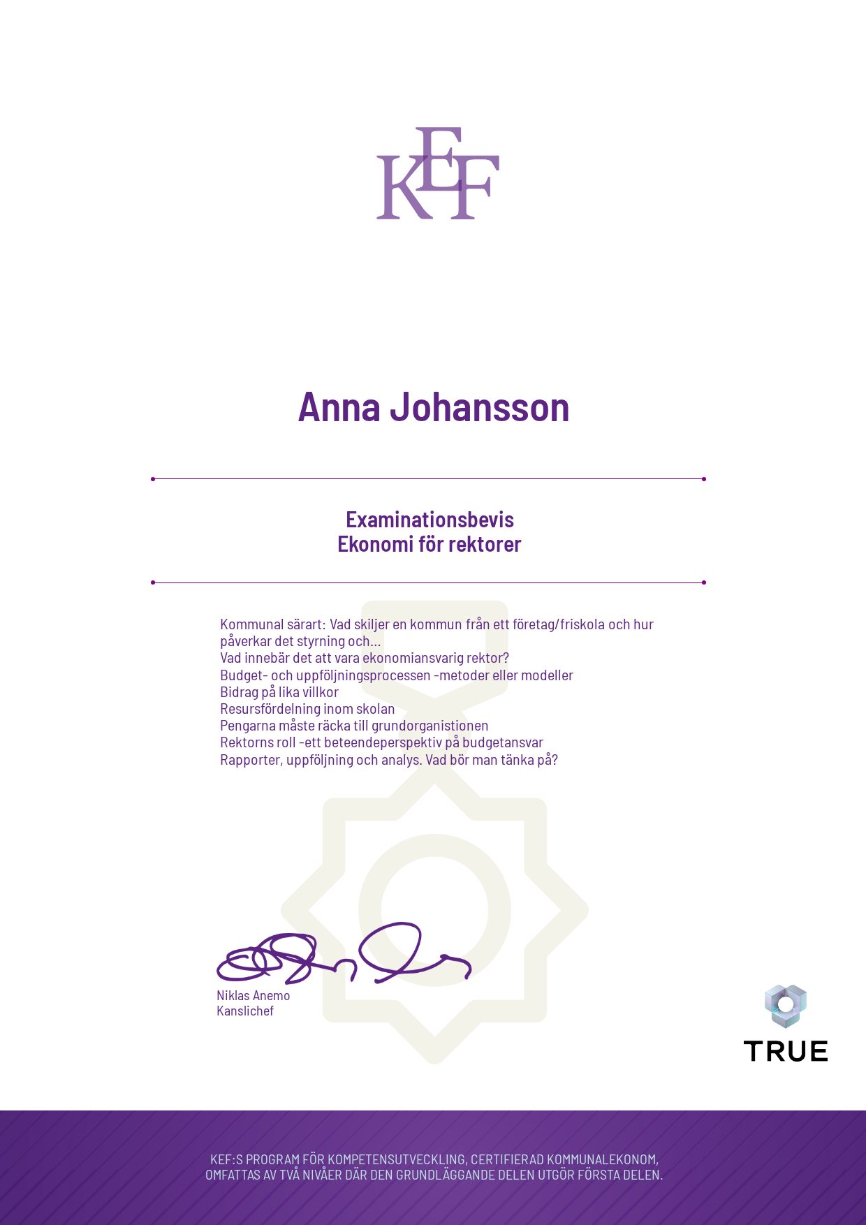 Exempel: diplom för Ekonomi för rektorer från KEF - Kommualekonomernas förening