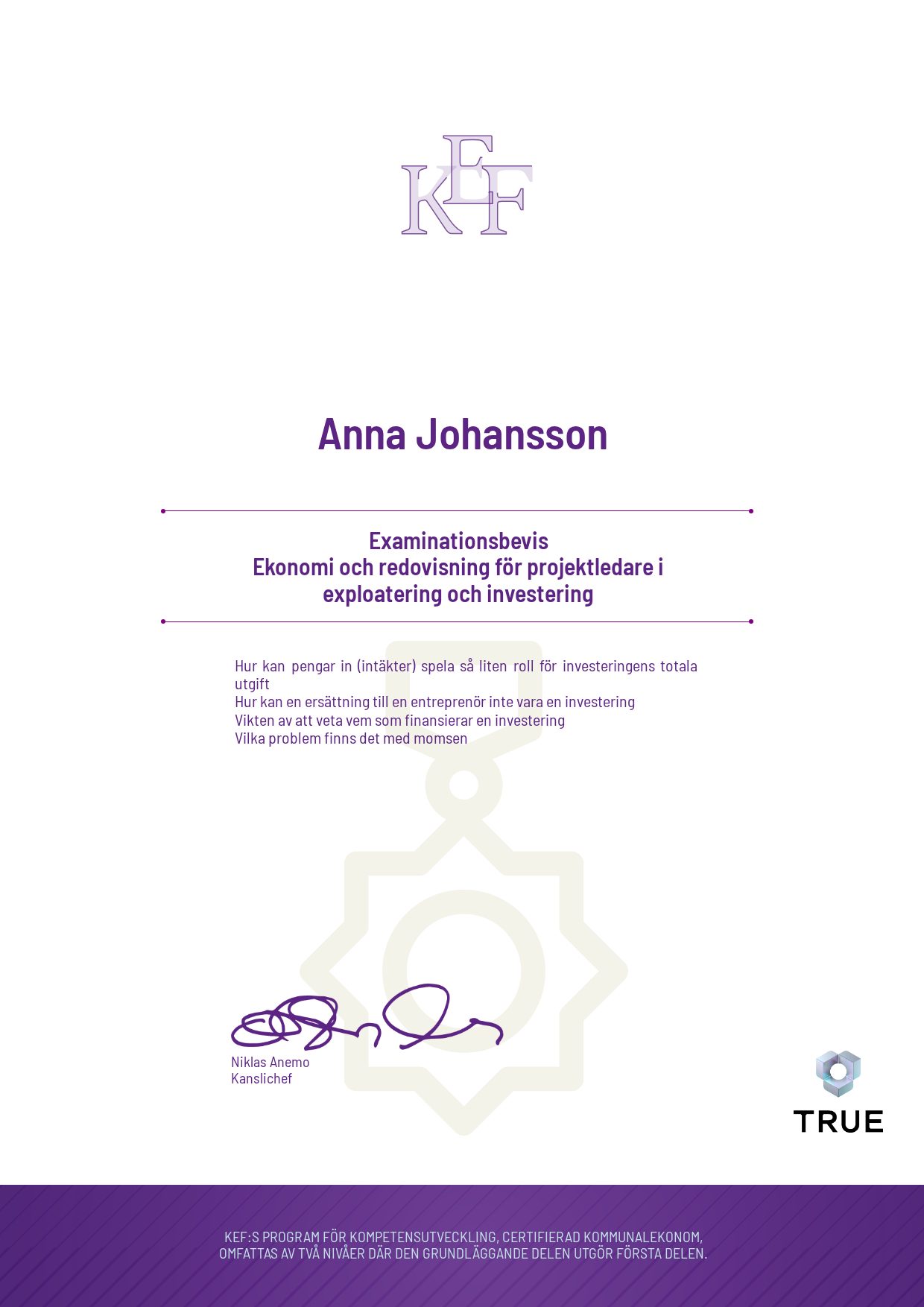 Exempel: diplom för Ekonomi och redovisning för projektledare i exploatering och investering från KEF - Kommualekonomernas förening