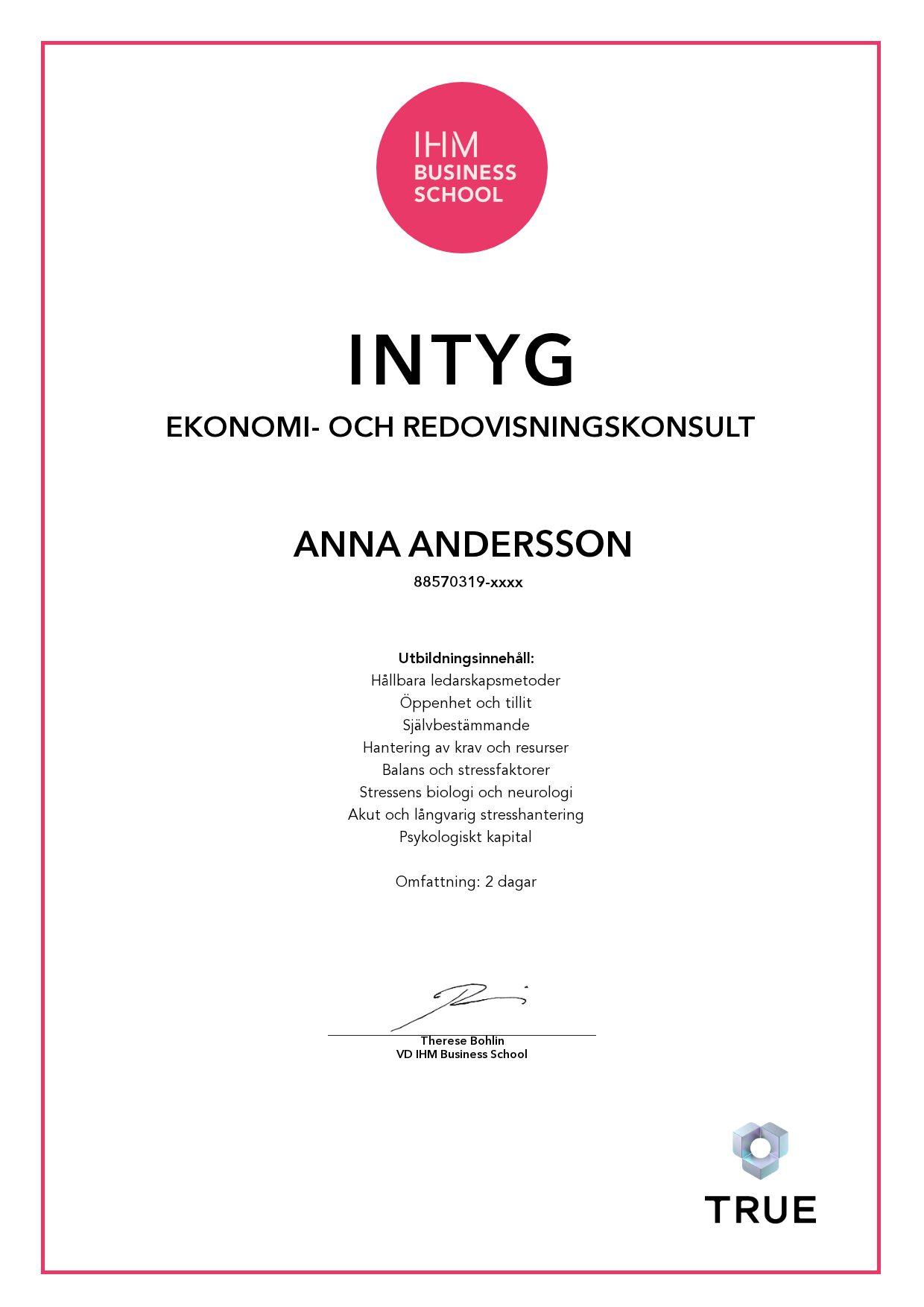 Exempel: diplom för Ekonomi- och Redovisningskonsult från IHM Business School