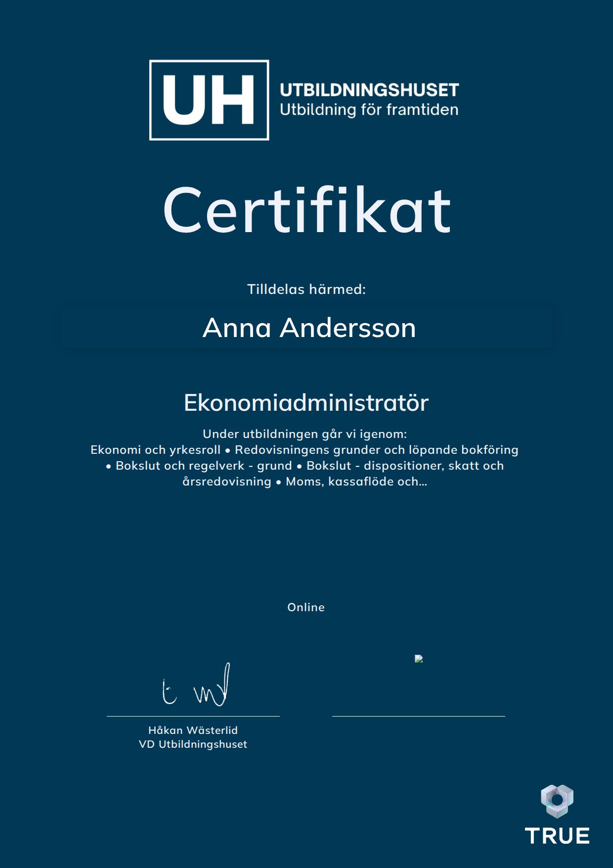 Exempel: diplom för Ekonomiadministratör från Education Online
