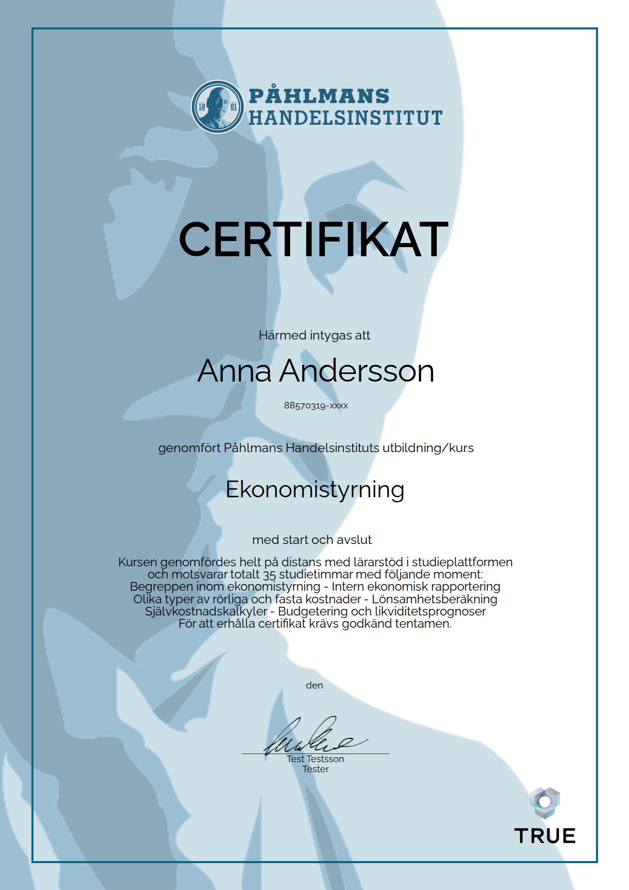 Example certificate for Ekonomistyrning from Medborgarskolan- Påhlmans