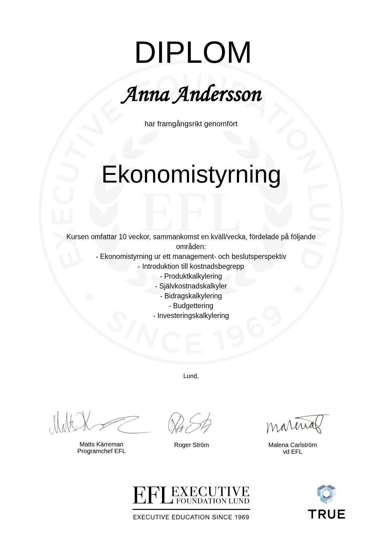 Exempel: diplom för Ekonomistyrning från EFL Executive Education