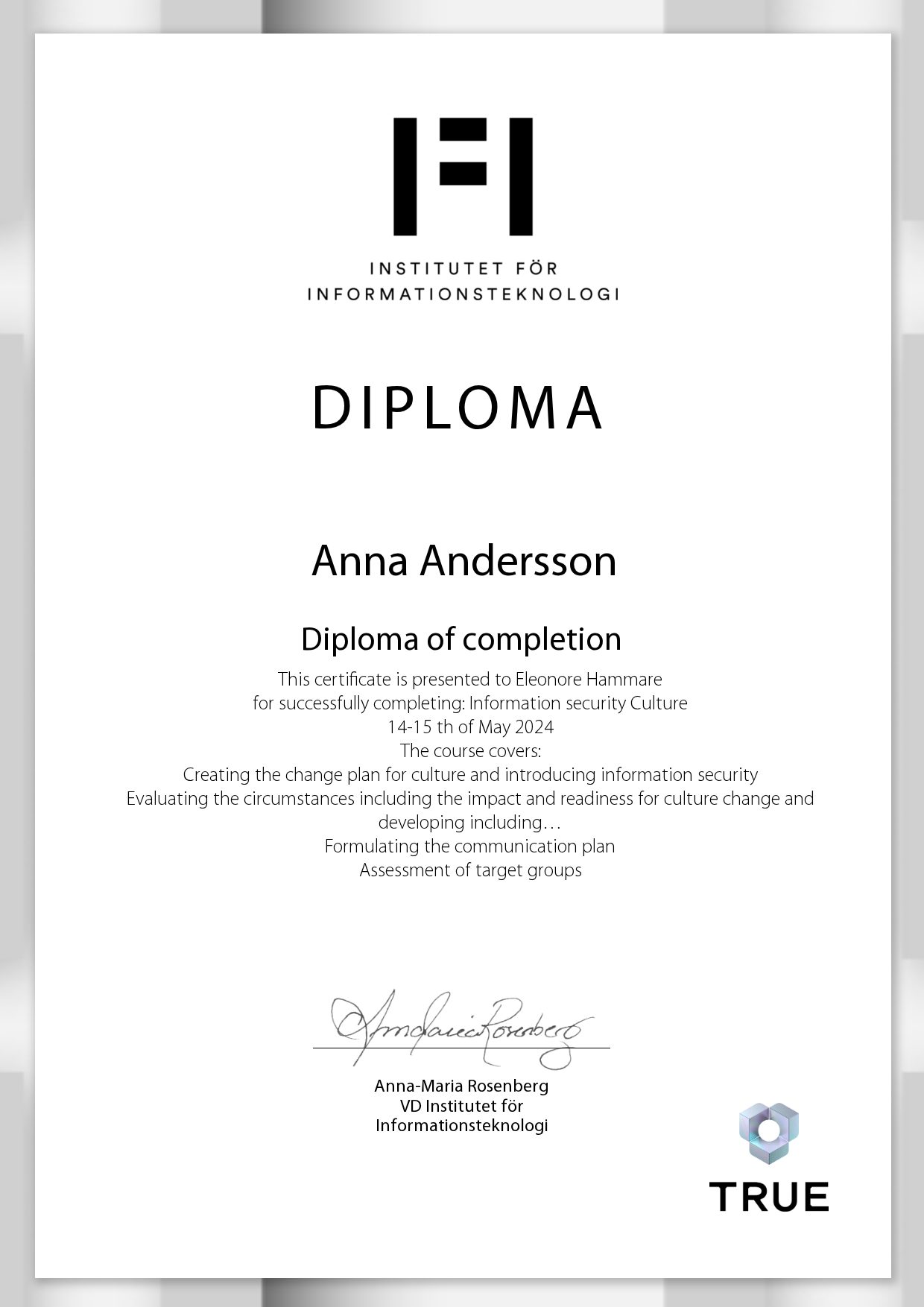 Exempel: diplom för Diploma of completion från IFI AB