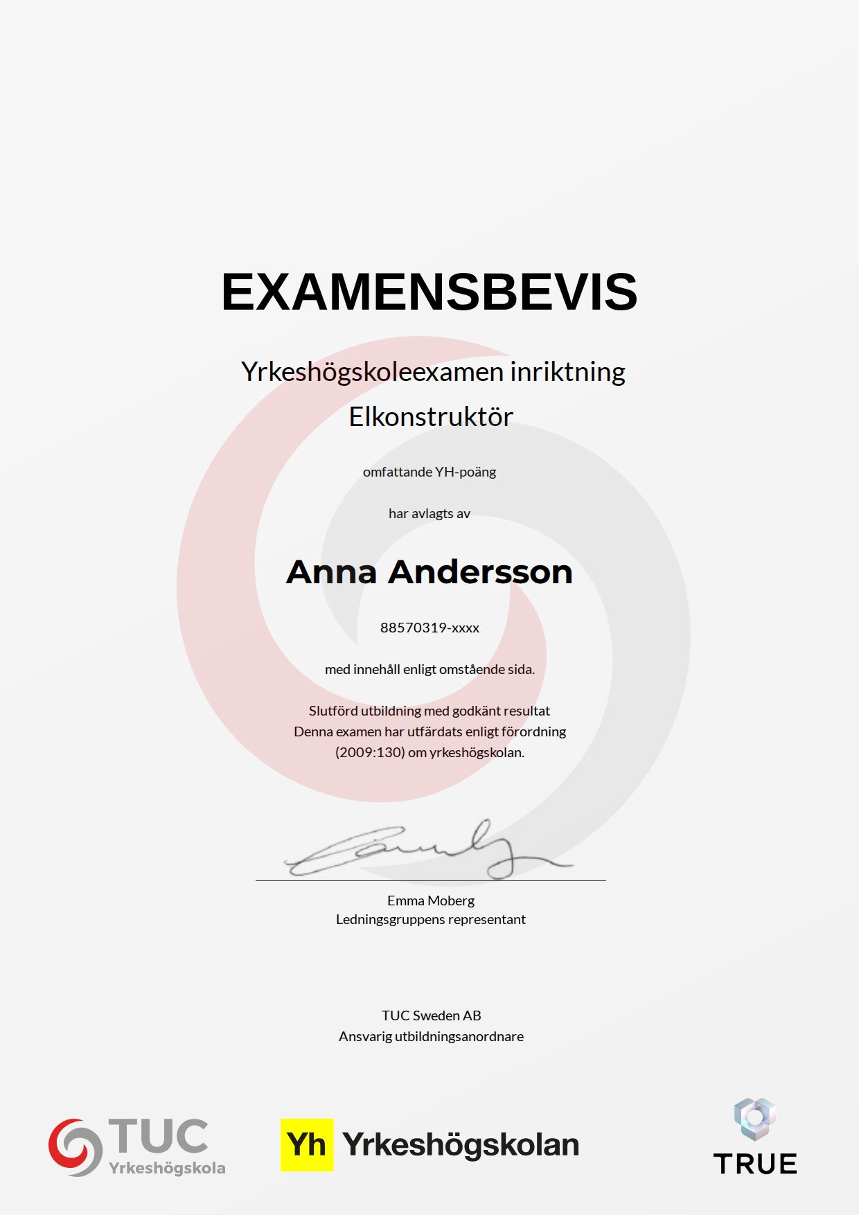 Example certificate for Elkonstruktör from TUC Yrkeshögskola