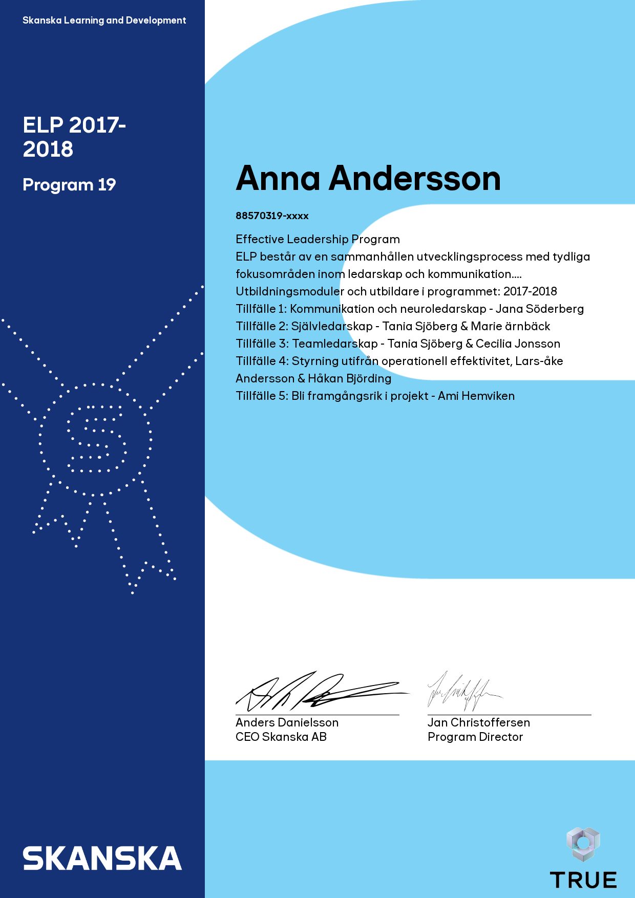 Exempel: diplom för ELP 2017-2018 från Skanska