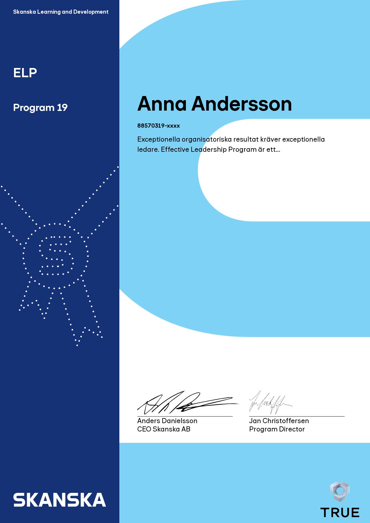 Example certificate for ELP from Skanska