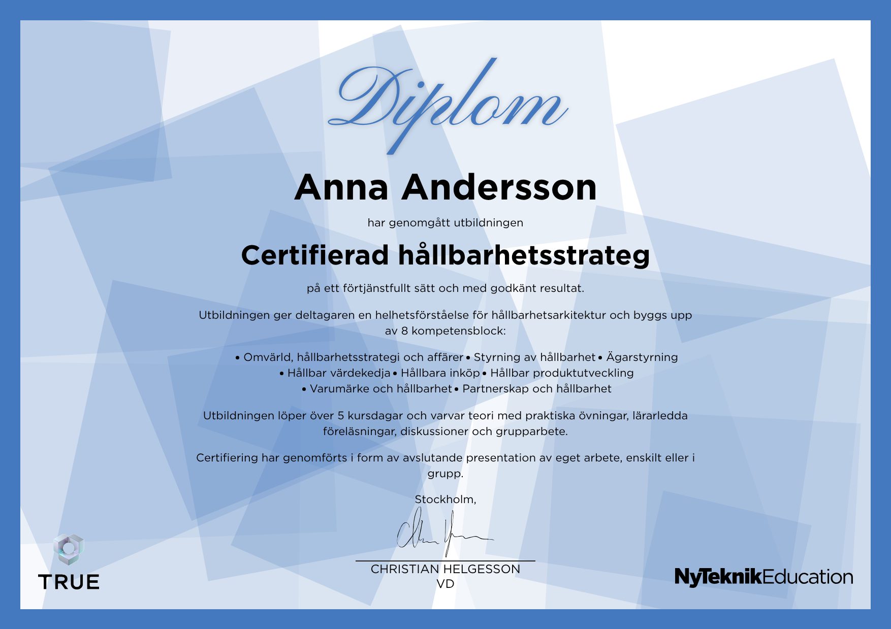 Exempel: diplom för Framtidens elsystem från Ny Teknik Education