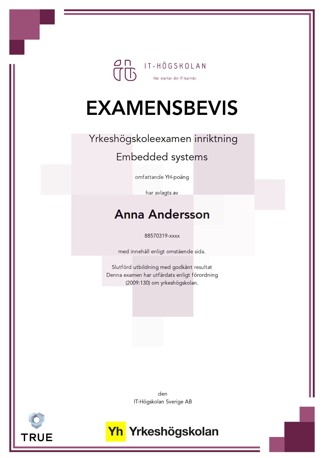 Example certificate for Embedded systems from IT-Högskolan