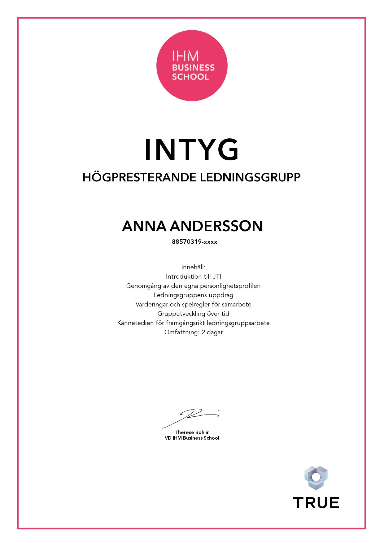 Exempel: diplom för Högpresterande Ledningsgrupp från IHM Business School
