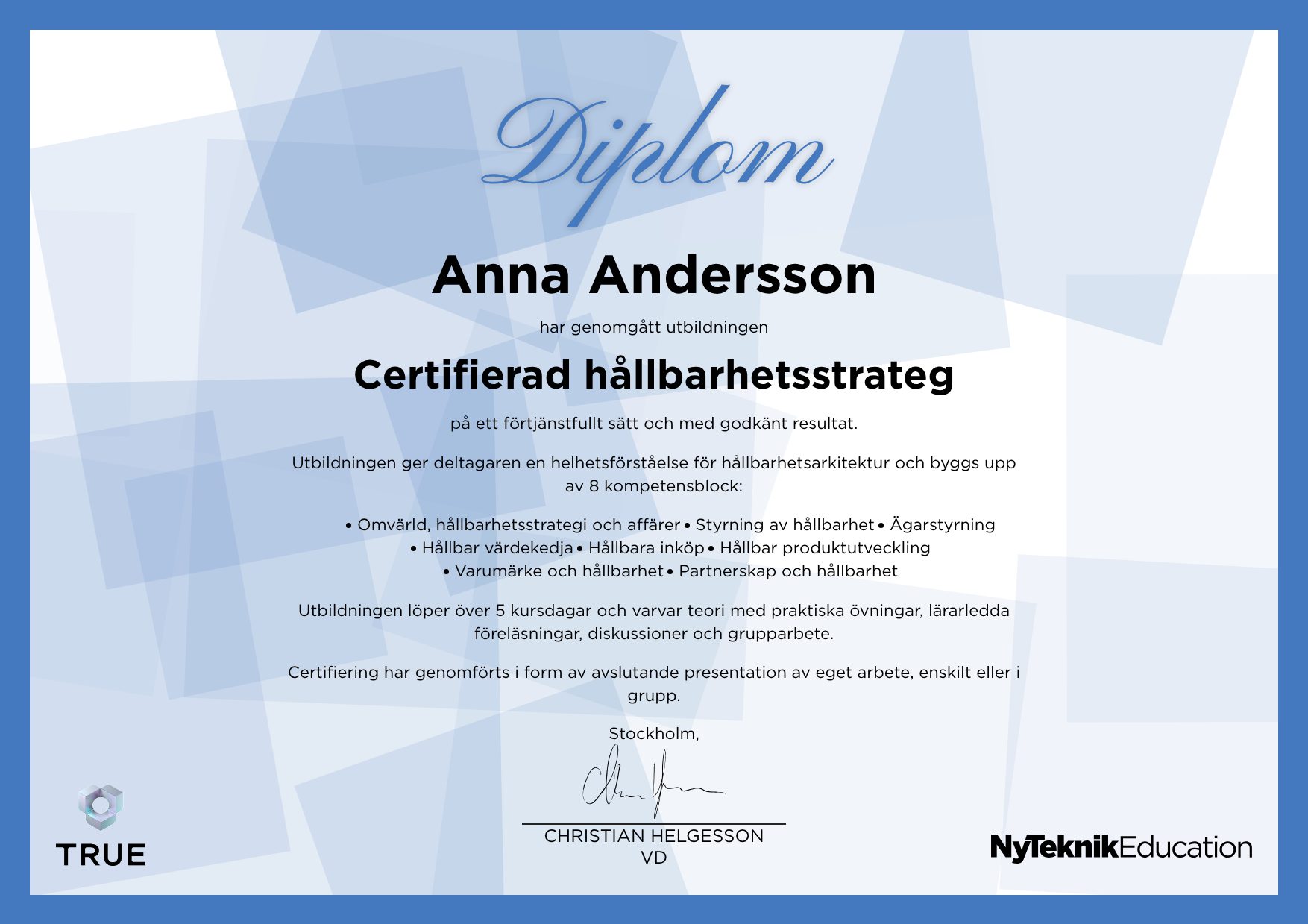 Exempel: diplom för Enterprise Architecture från Ny Teknik Education