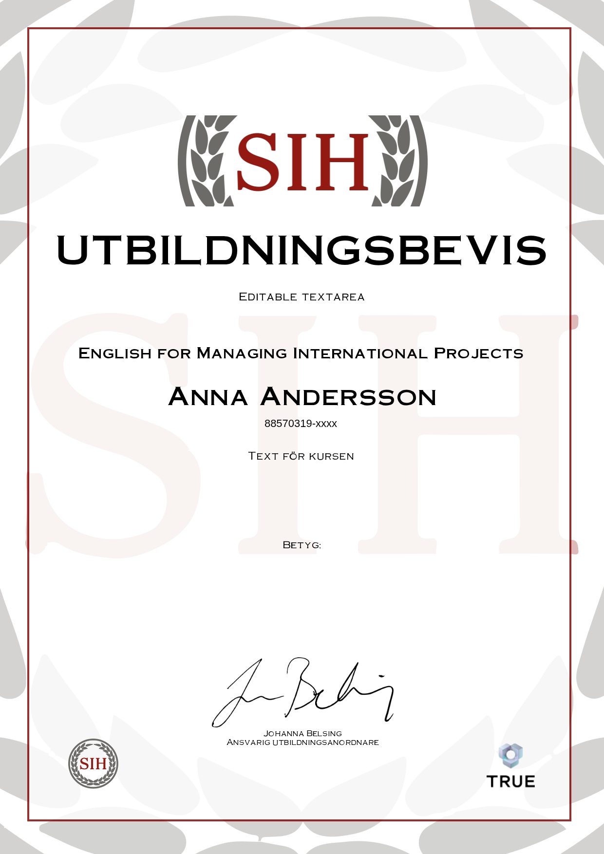 Exempel: diplom för English for Managing International Projects från SIH - Stockholms Internationella Handelsskola