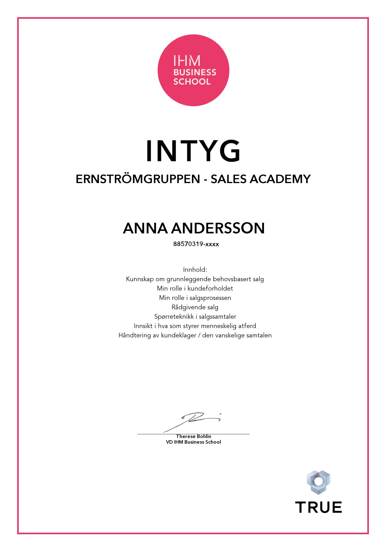 Exempel: diplom för Ernströmgruppen - Sales Academy från IHM Business School