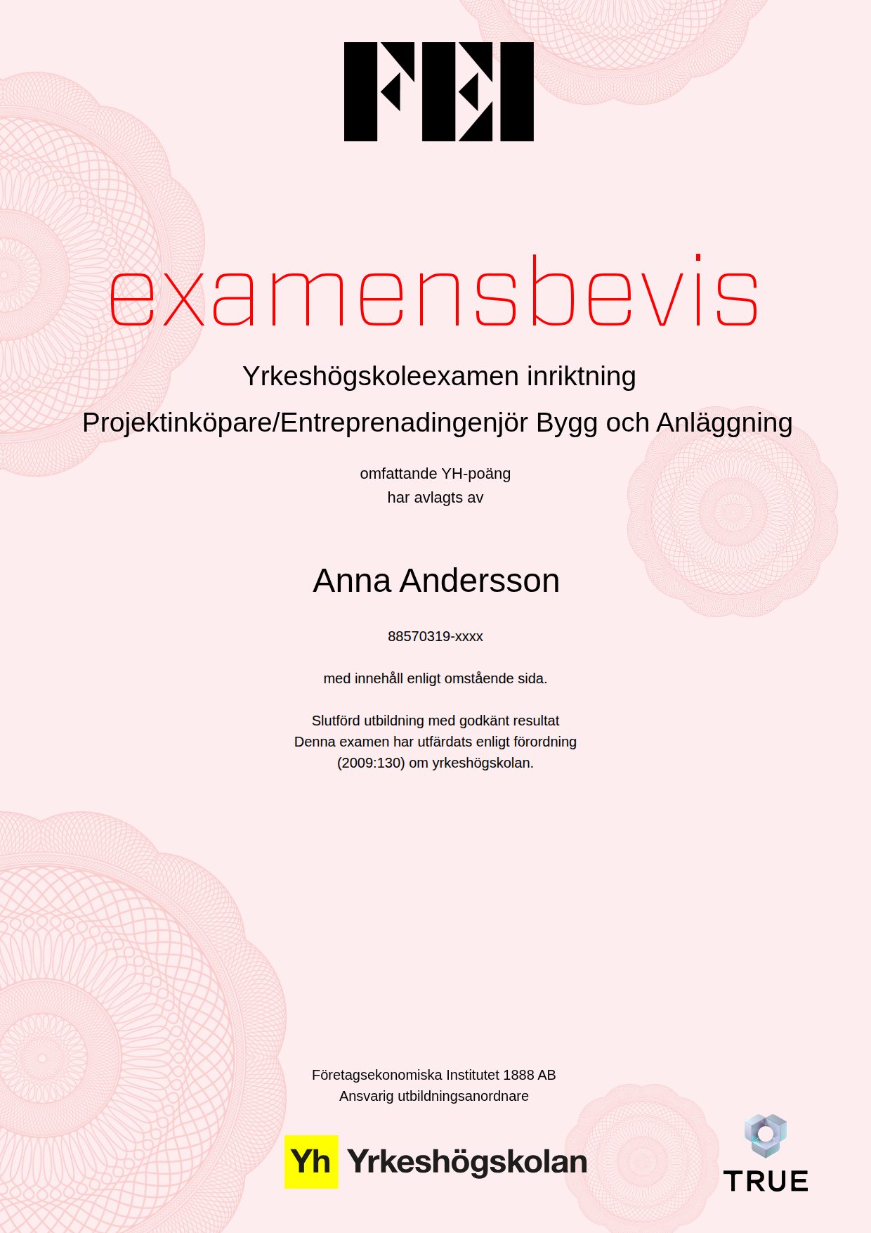 Example certificate for Projektinköpare/Entreprenadingenjör Bygg och Anläggning from FEI - Företagsekonomiska Institutet