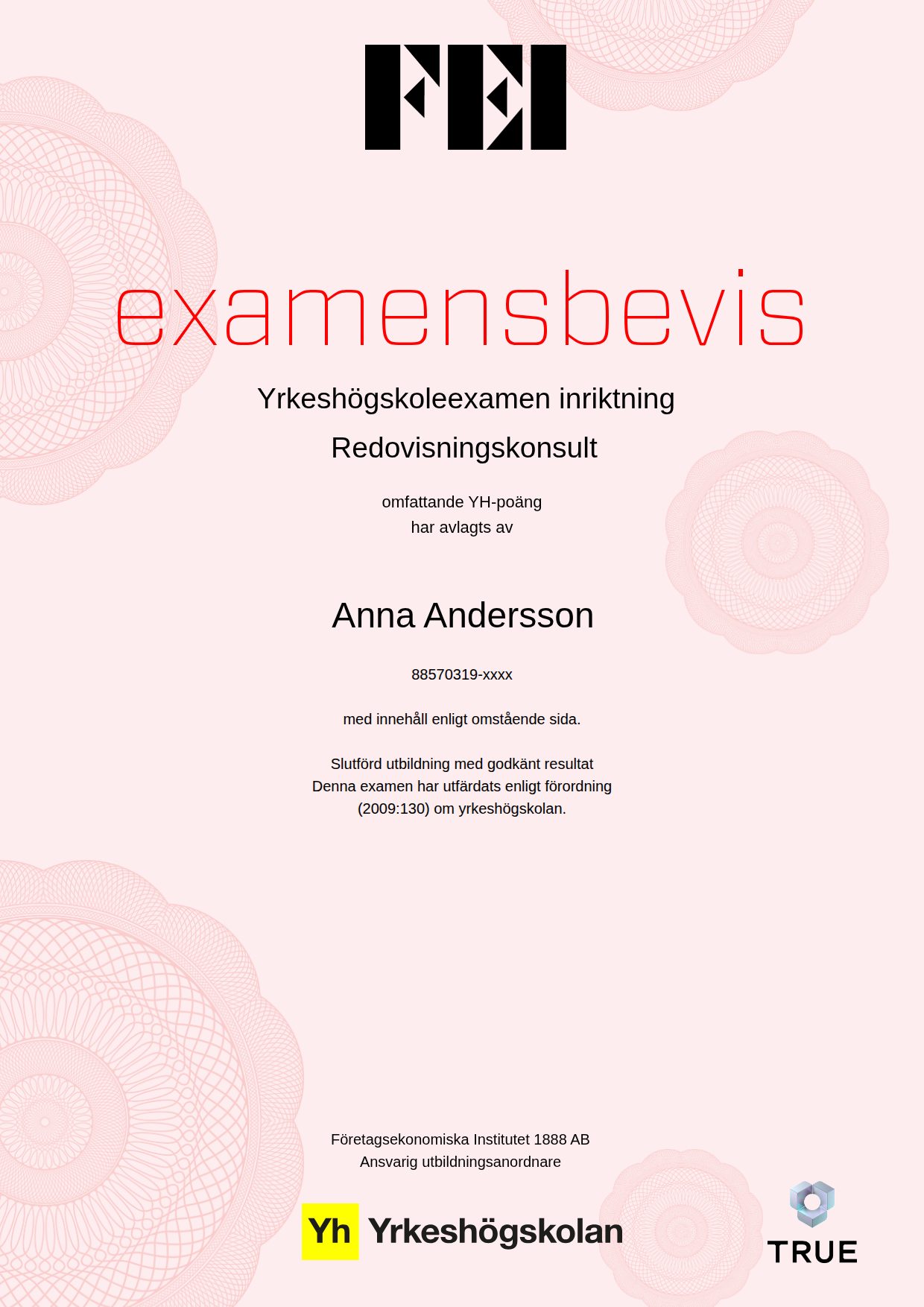 Example certificate for Redovisningskonsult from FEI - Företagsekonomiska Institutet