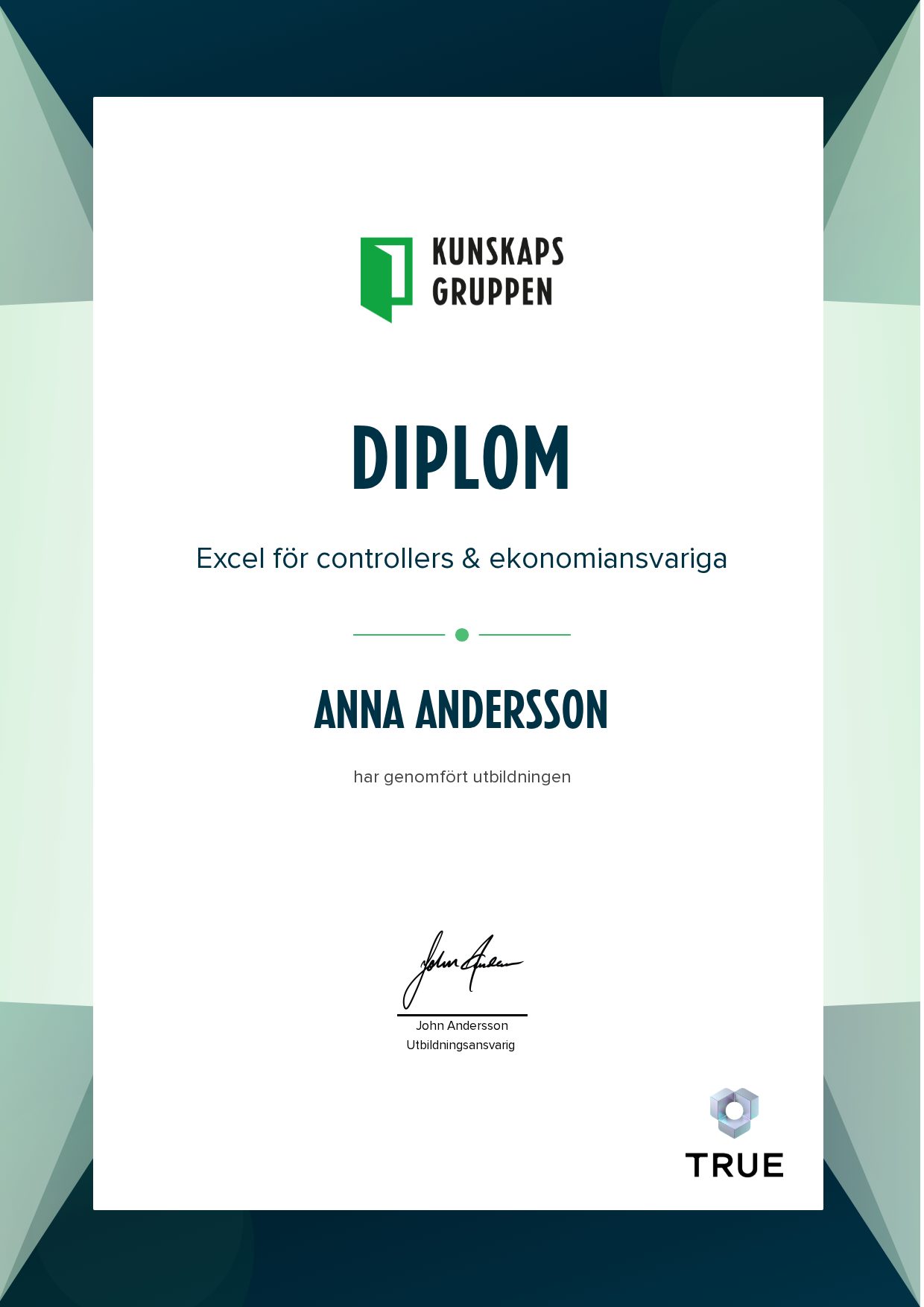 Example certificate for Excel för controllers & ekonomiansvariga from Kunskapsgruppen