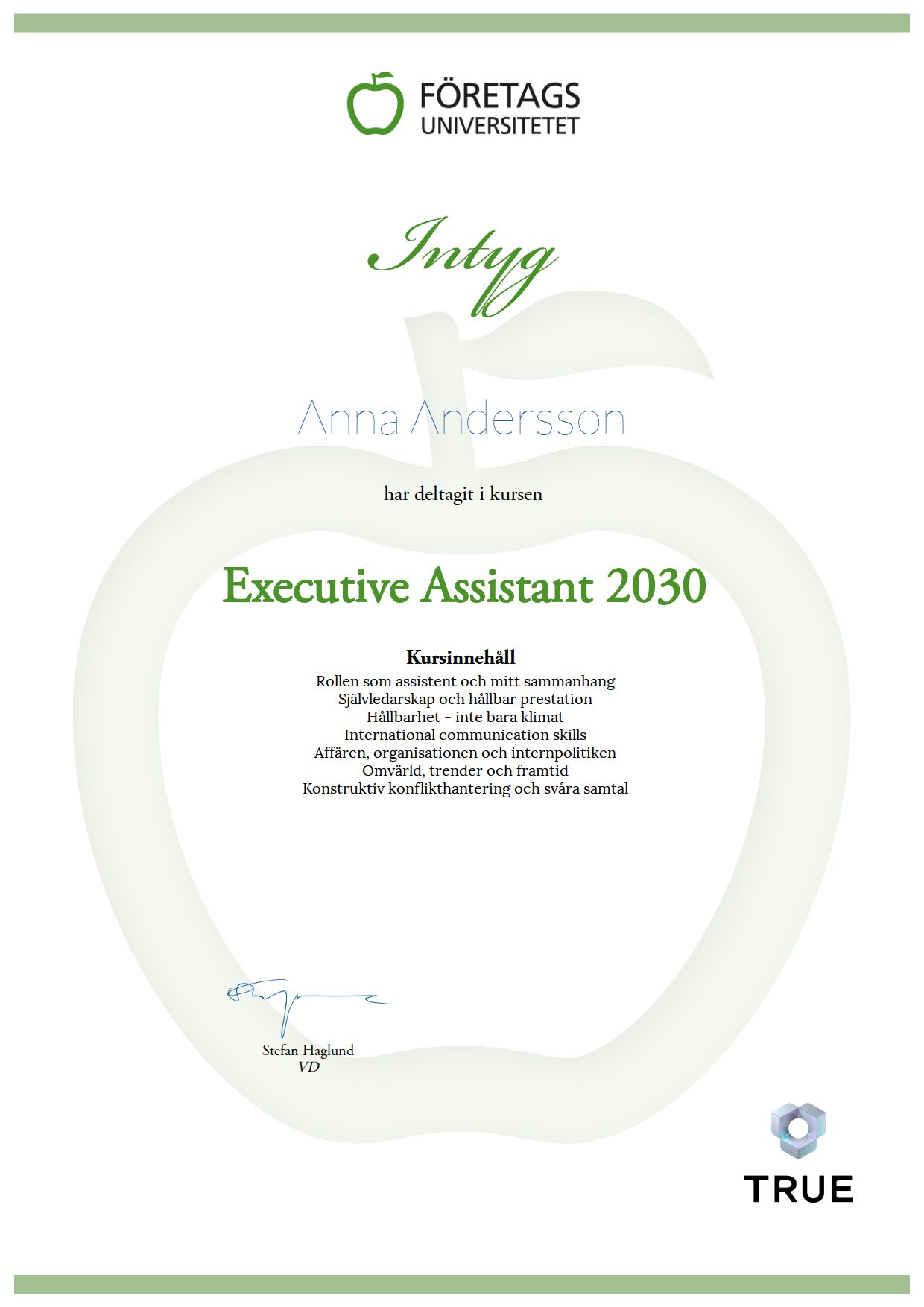 Exempel: diplom för Executive Assistant 2030 från Företagsuniversitetet