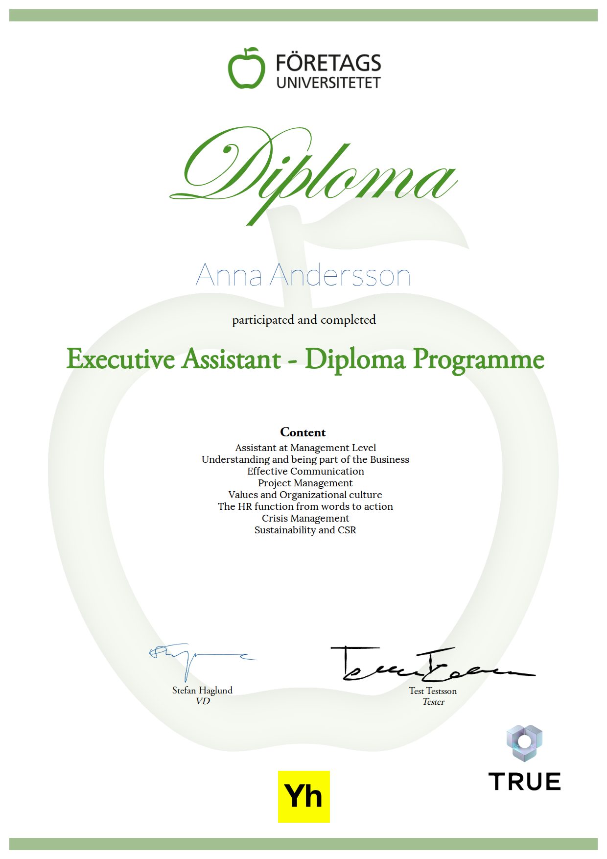 Exempel: diplom för Executive Assistant - Diploma Programme från Företagsuniversitetet