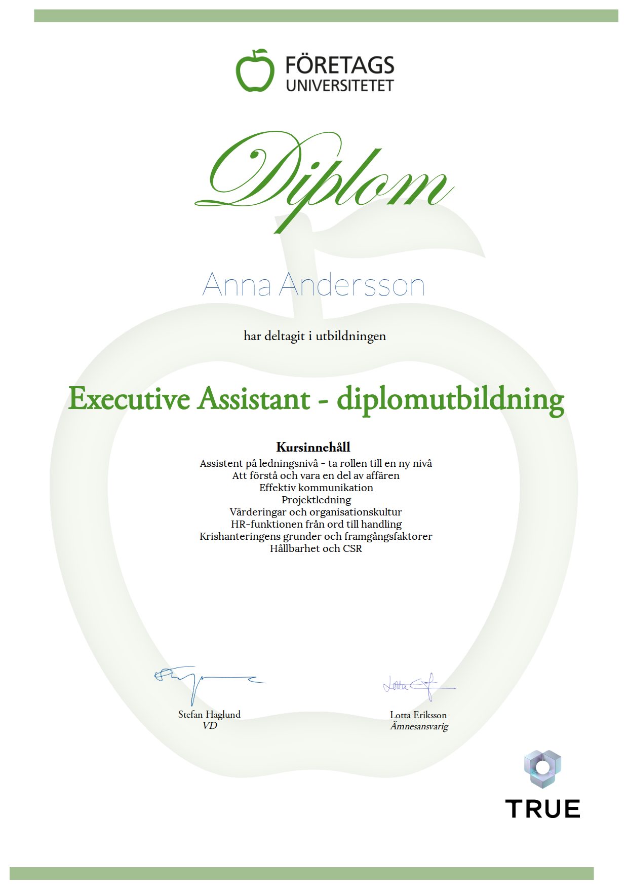 Exempel: diplom för Executive Assistant - diplomutbildning från Företagsuniversitetet