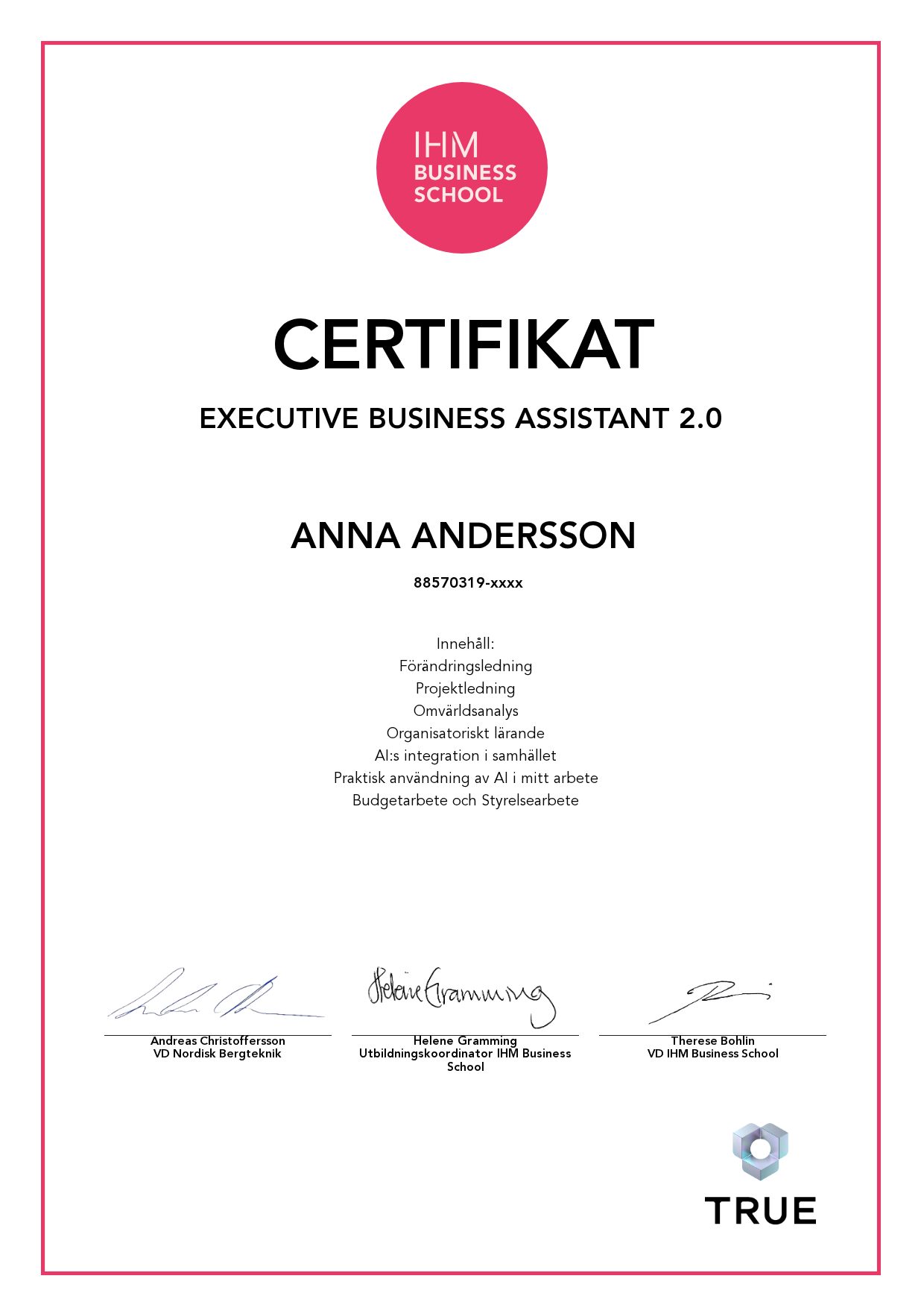 Example certificate for Executive Business Assistant 2.0 from IHM Business School
