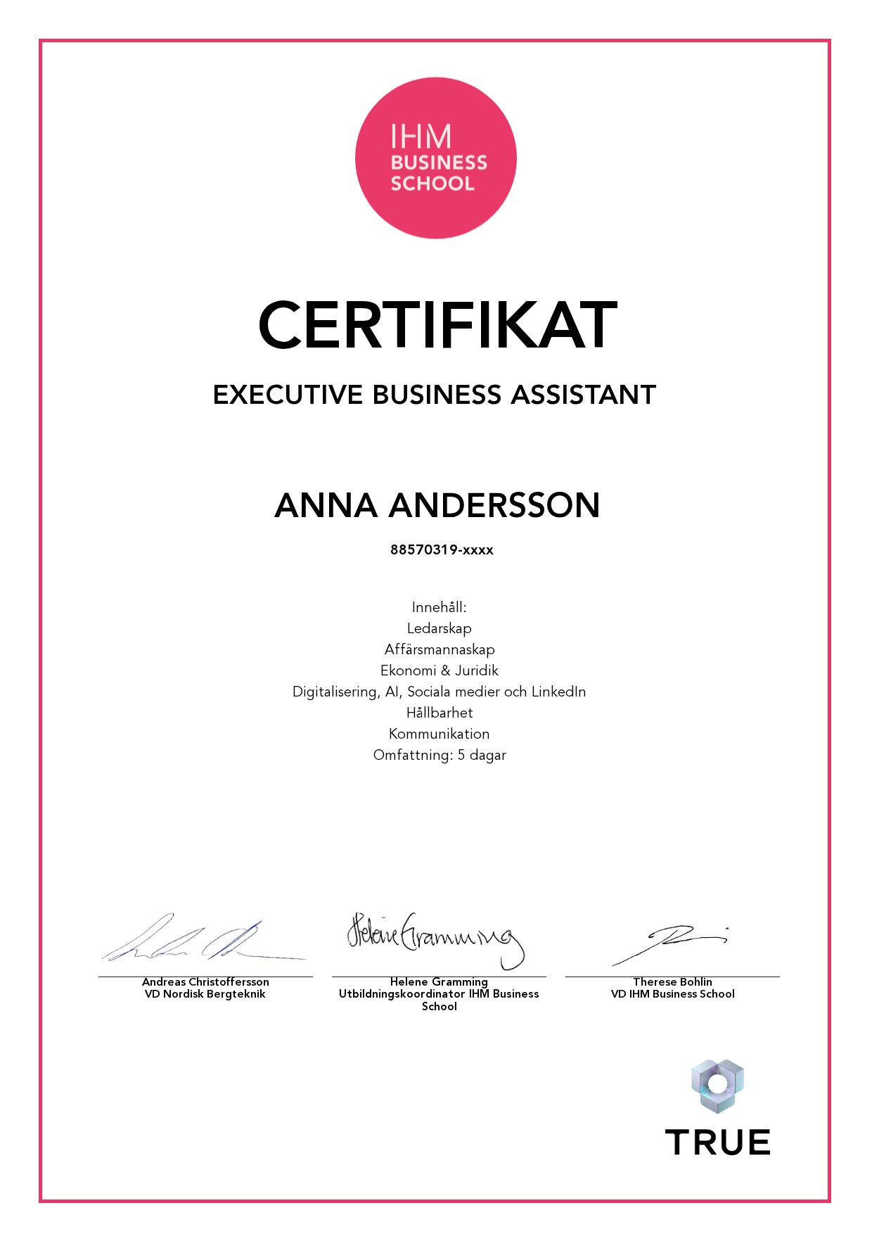 Example certificate for Executive Business Assistant from IHM Business School