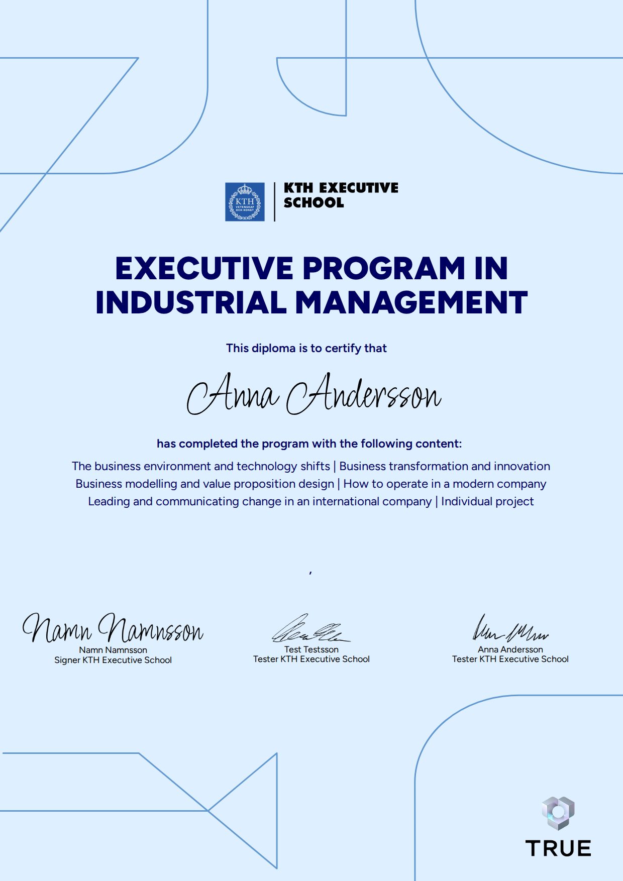 Example certificate for Executive Program in Industrial Management from KTH Executive School