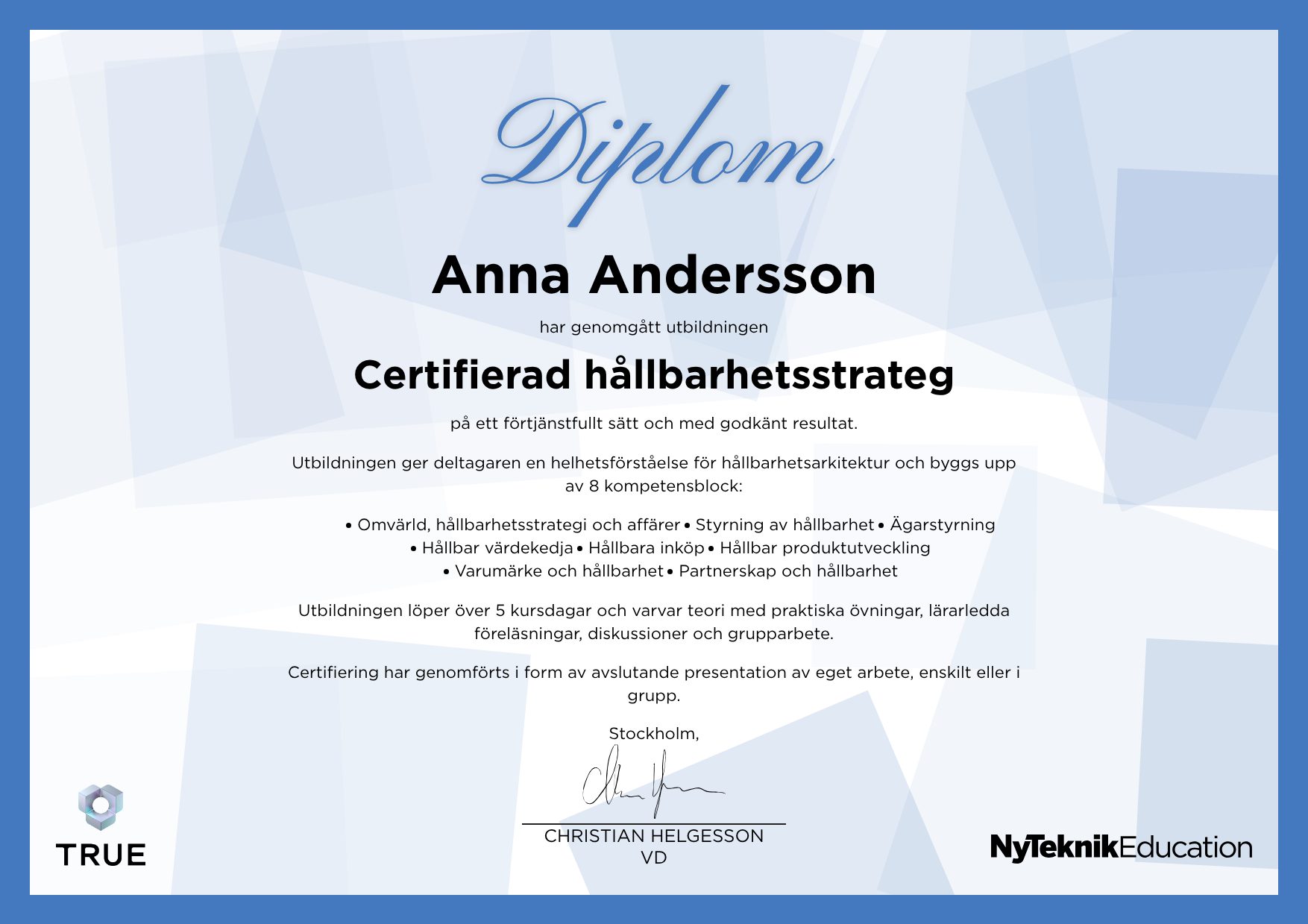 Example certificate for exempelkurs from Ny Teknik Education