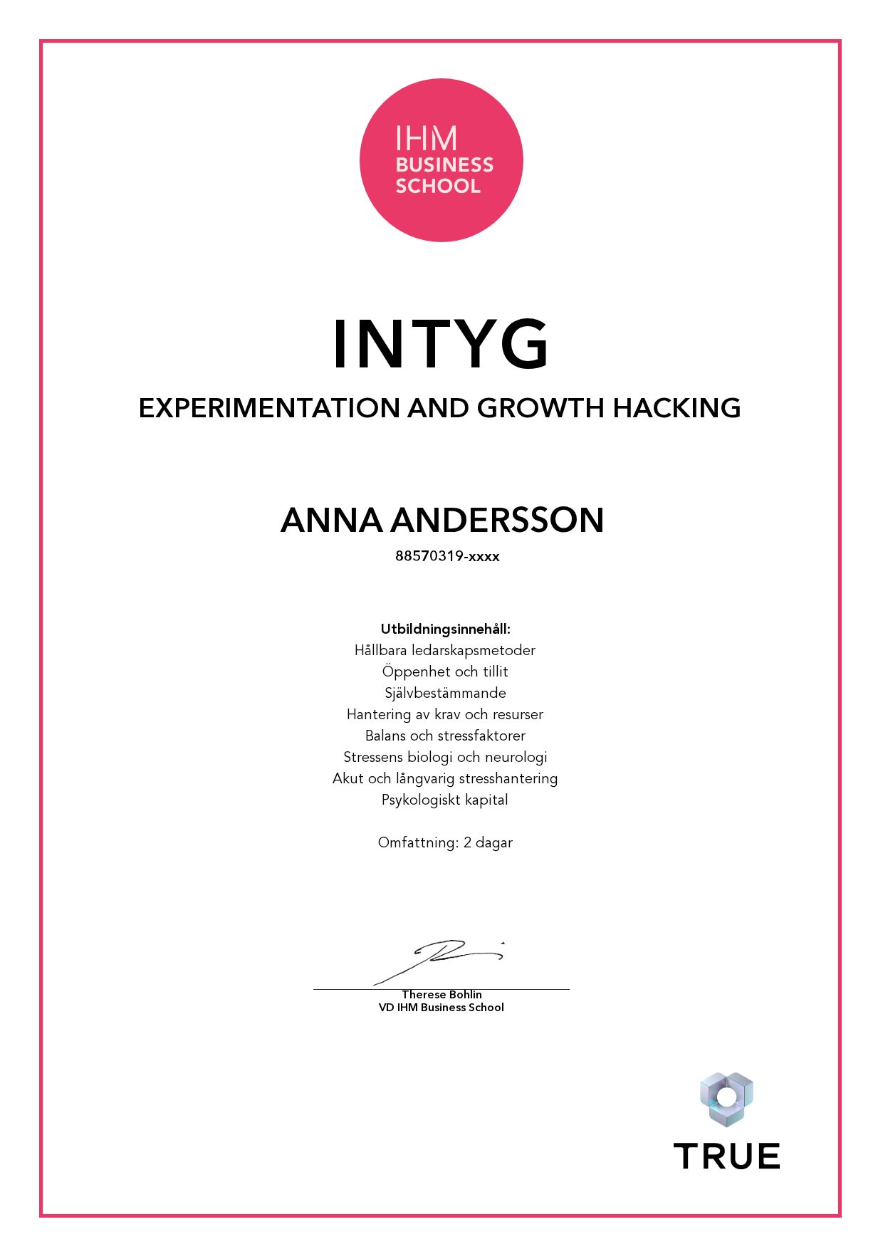 Exempel: diplom för Experimentation and growth hacking från IHM Business School