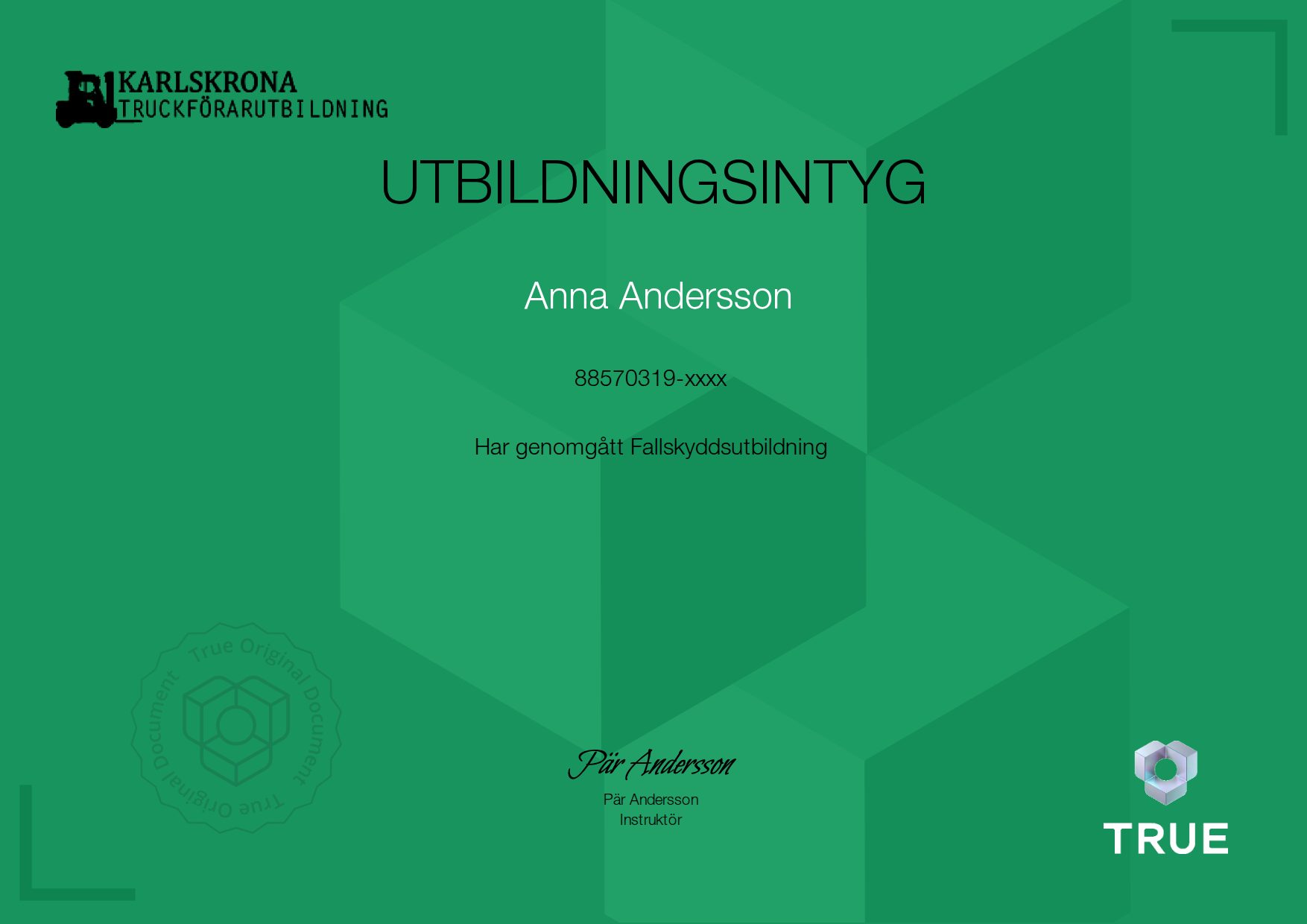 Example certificate for Fallskyddsutbildning from Karlskrona Truckförarutbildning