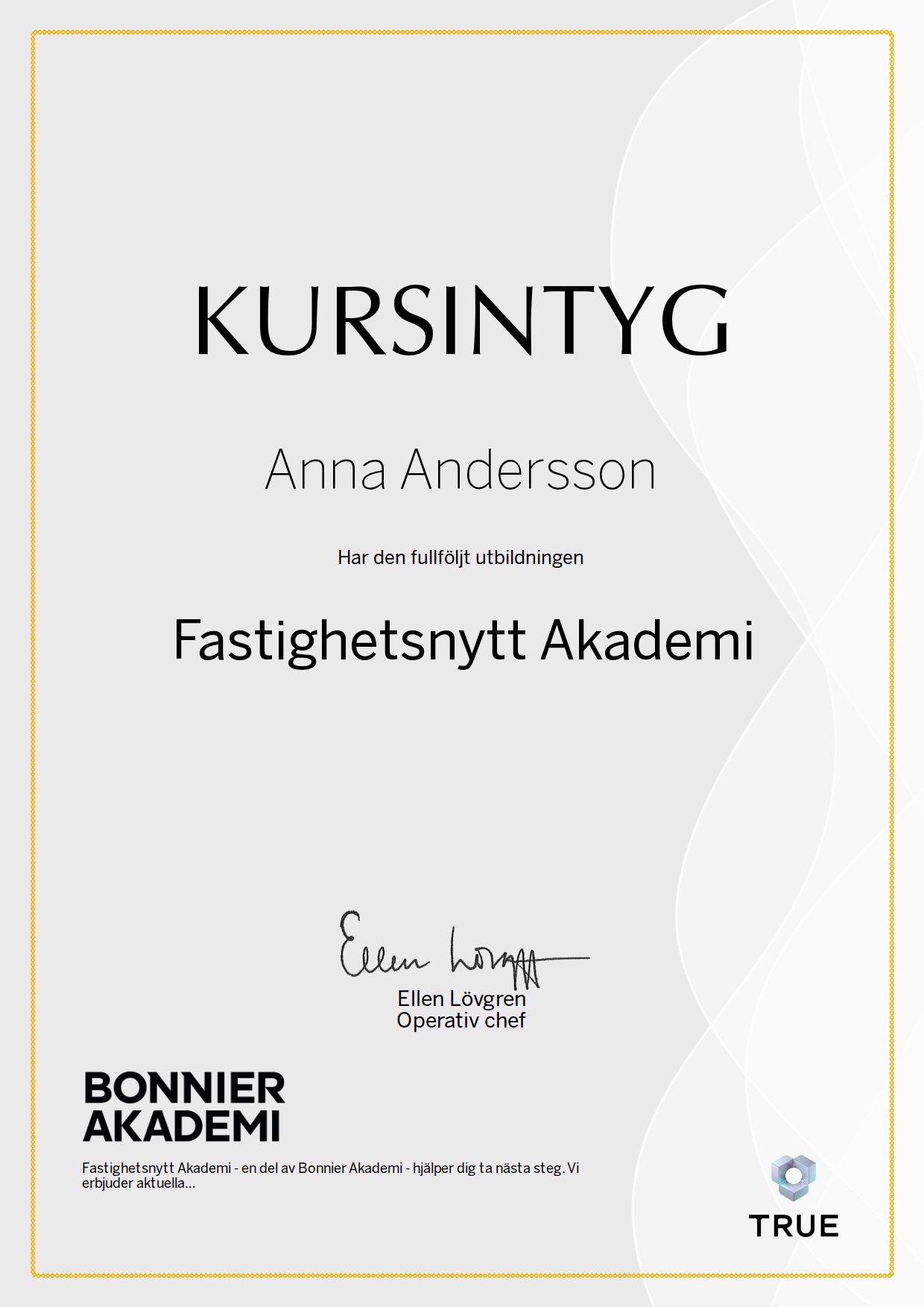 Example certificate for Fastighetsnytt Akademi from Bonnier Akademi