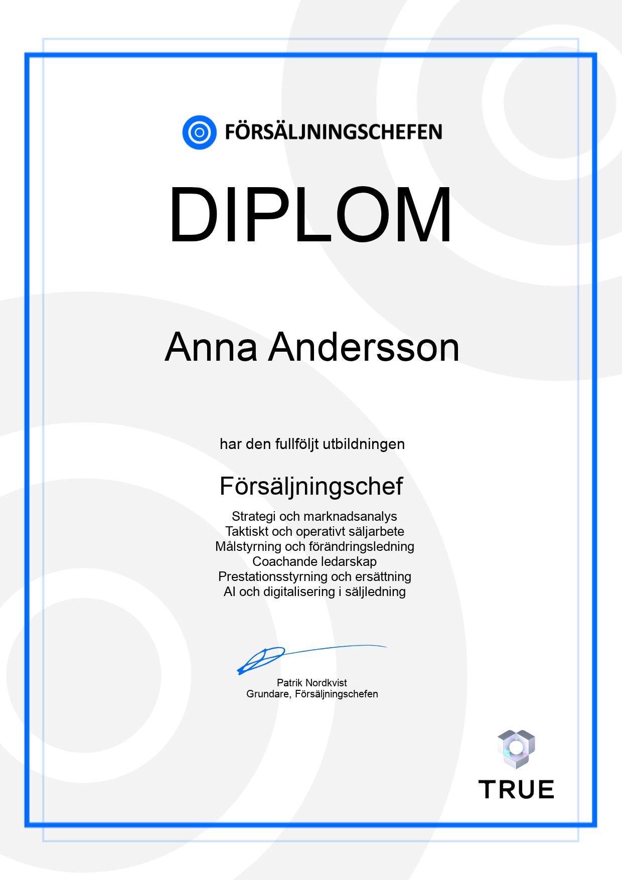 Exempel: diplom för Försäljningschef från Försäljningschefen