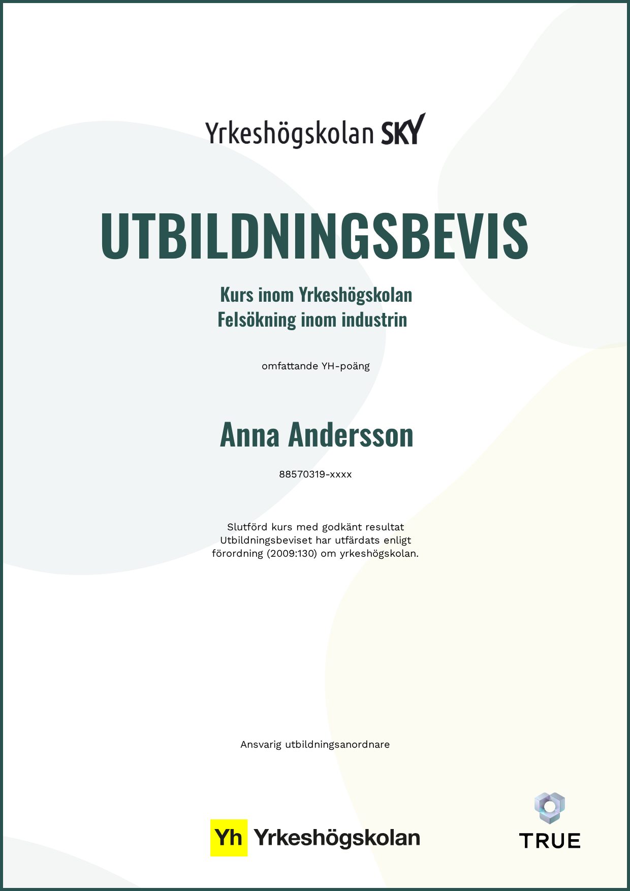 Exempel: diplom för Felsökning inom industrin från Yrkeshögskolan SKY