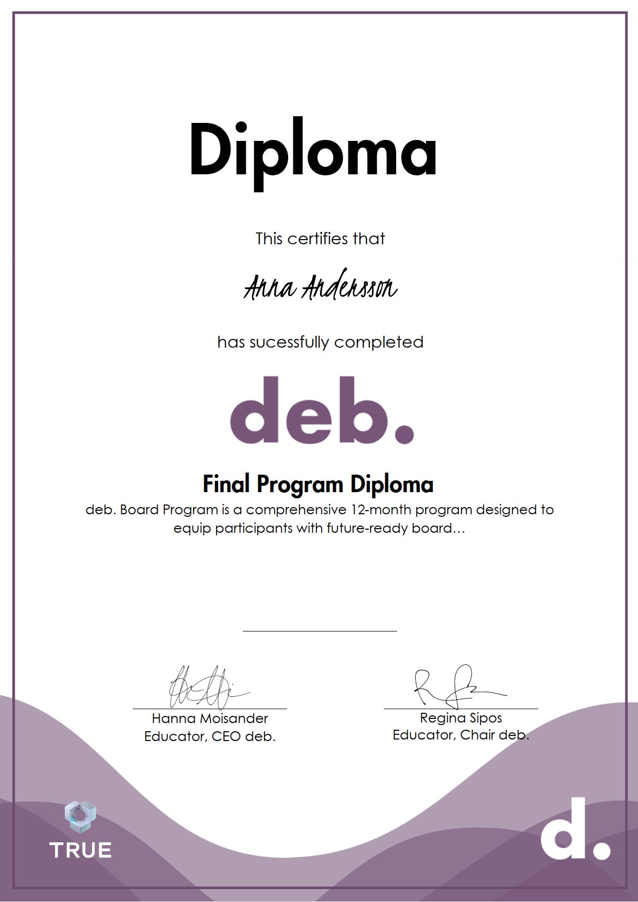 Exempel: diplom för Final Program Diploma från deb - diverse executive boards