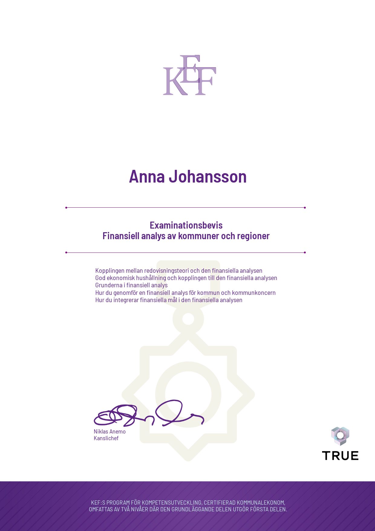 Exempel: diplom för Finansiell analys av kommuner och regioner från KEF - Kommualekonomernas förening
