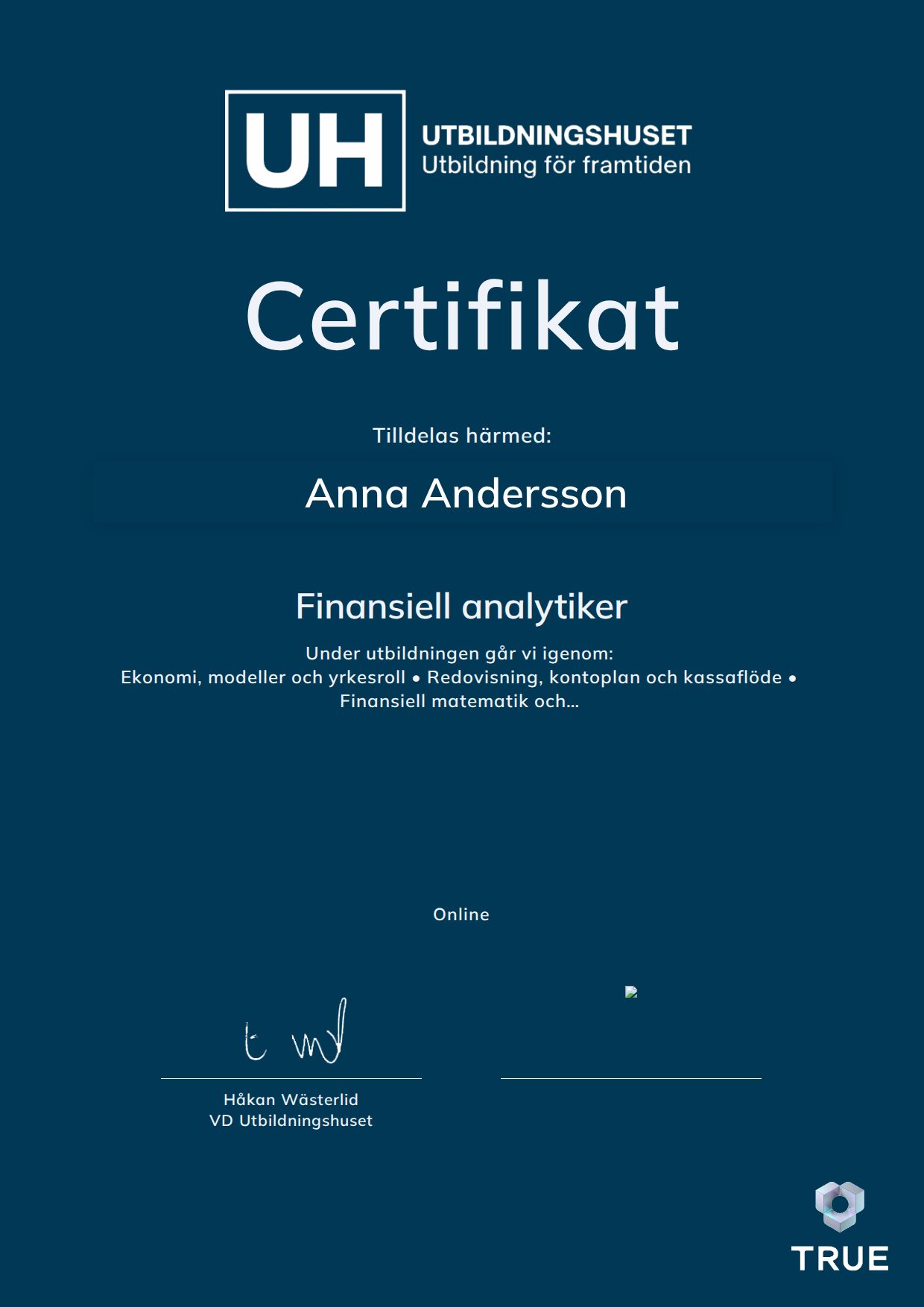 Exempel: diplom för Finansiell analytiker från Education Online