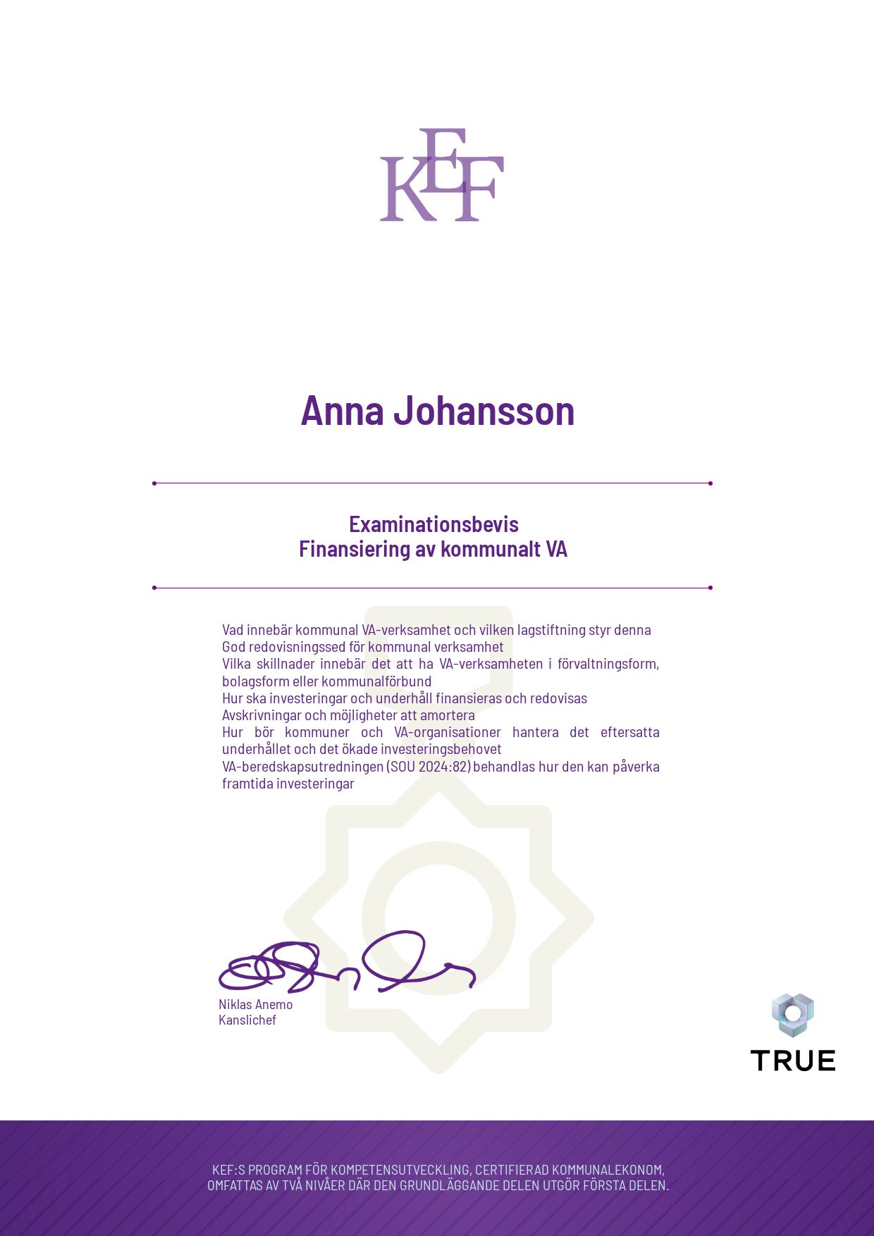 Exempel: diplom för Finansiering av kommunalt VA från KEF - Kommualekonomernas förening