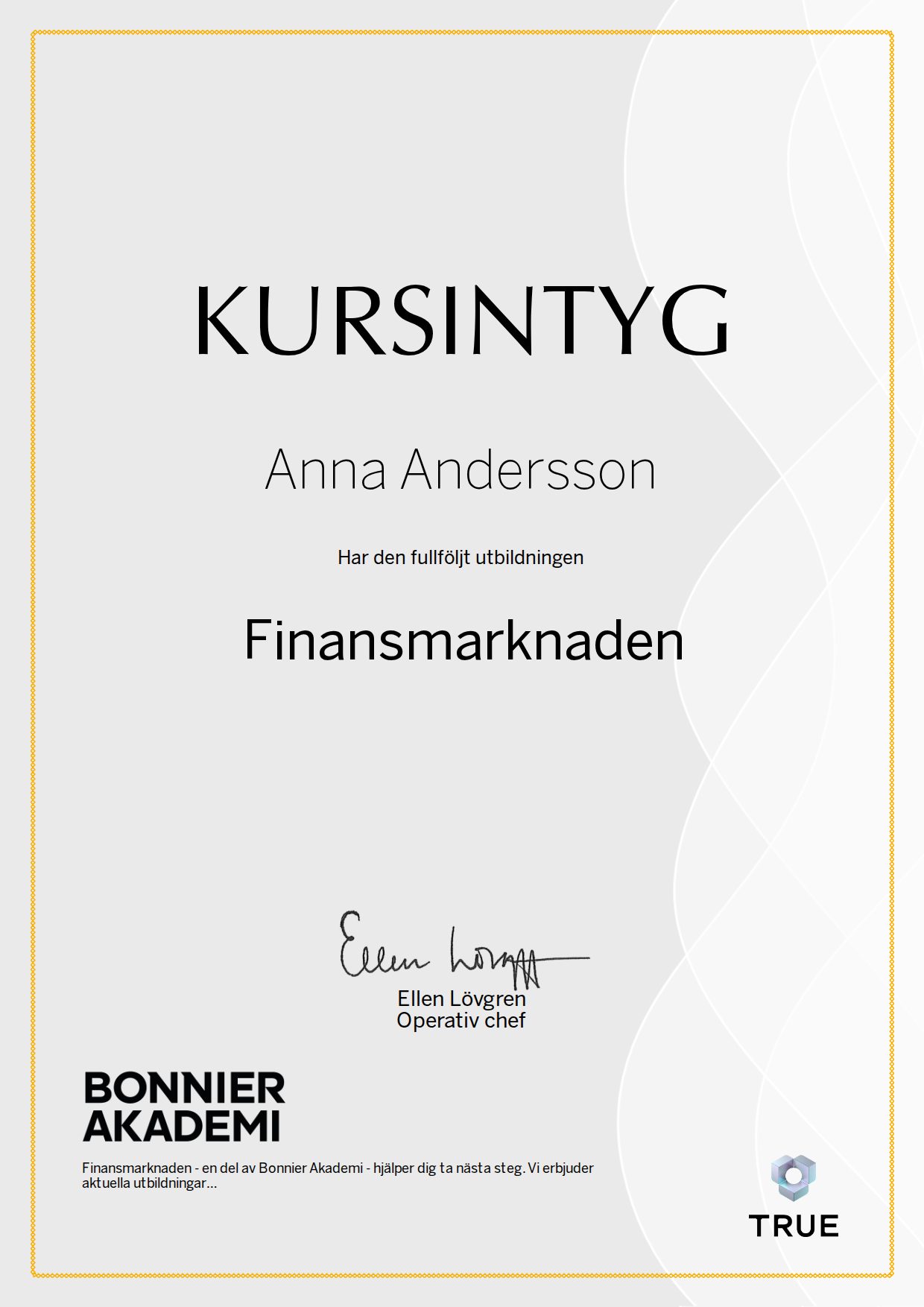 Exempel: diplom för Finansmarknaden från Bonnier Akademi