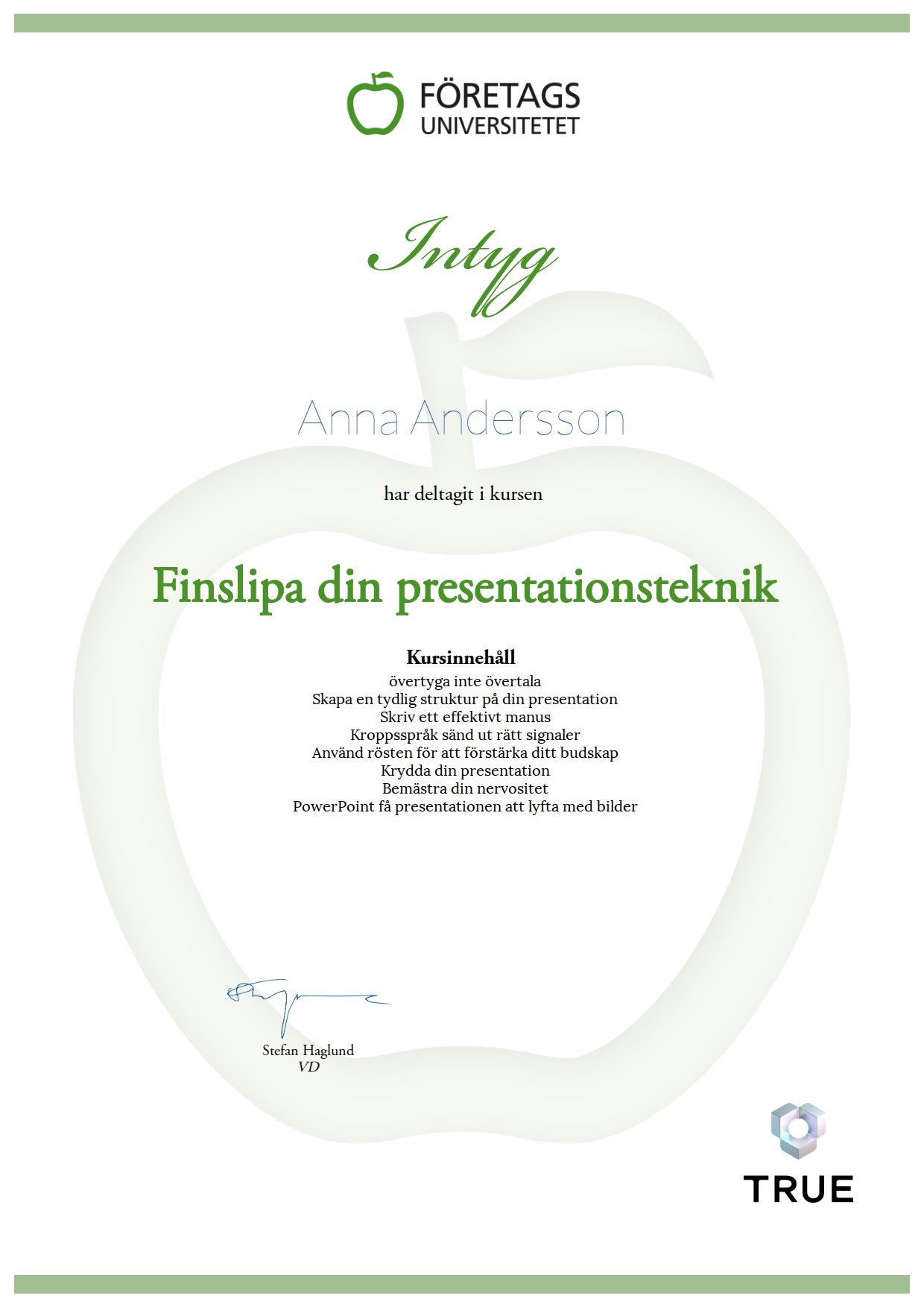 Example certificate for Finslipa din presentationsteknik from Företagsuniversitetet