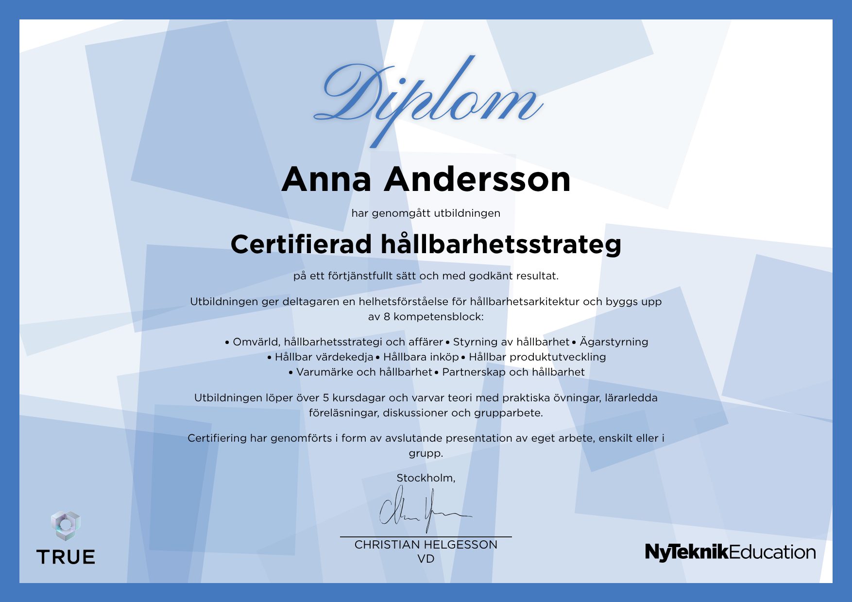 Example certificate for Framtidens balans- och flexibilitetsmarknader – Att driva flexibilitet som affär i energisystemet from Ny Teknik Education