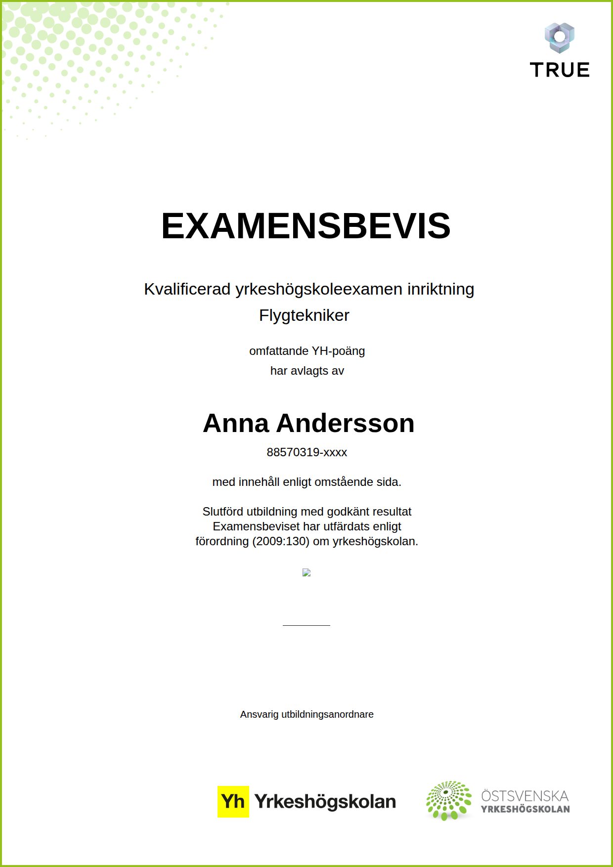 Exempel: diplom för Flygtekniker från Östsvenska Yrkeshögskolan