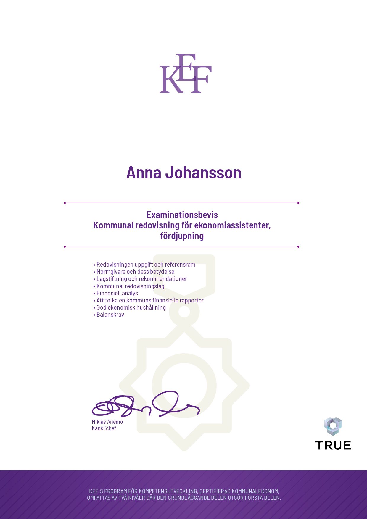 Exempel: diplom för Kommunal redovisning för ekonomiassistenter, fördjupning från KEF - Kommualekonomernas förening