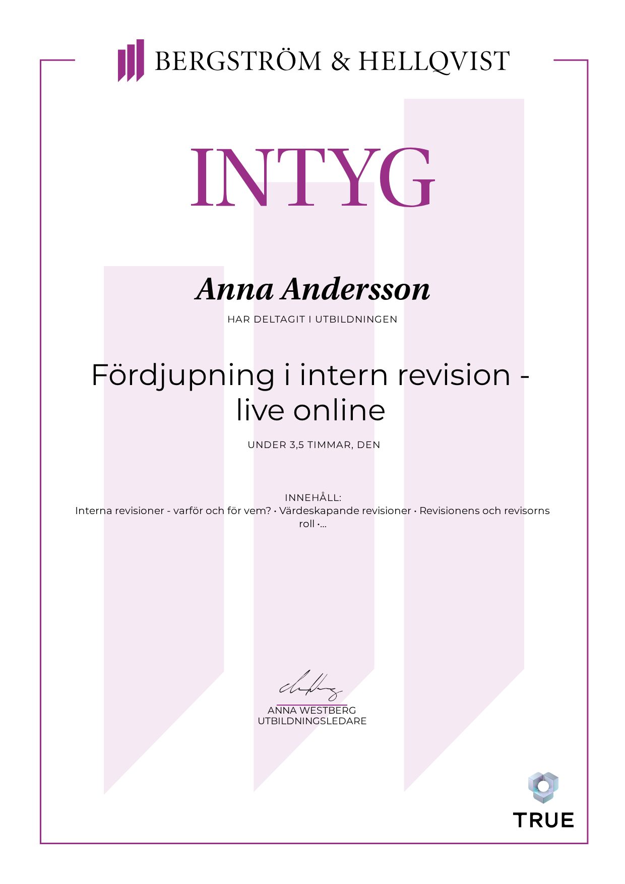 Example certificate for Fördjupning i intern revision - live online from Bergström & Hellqvist