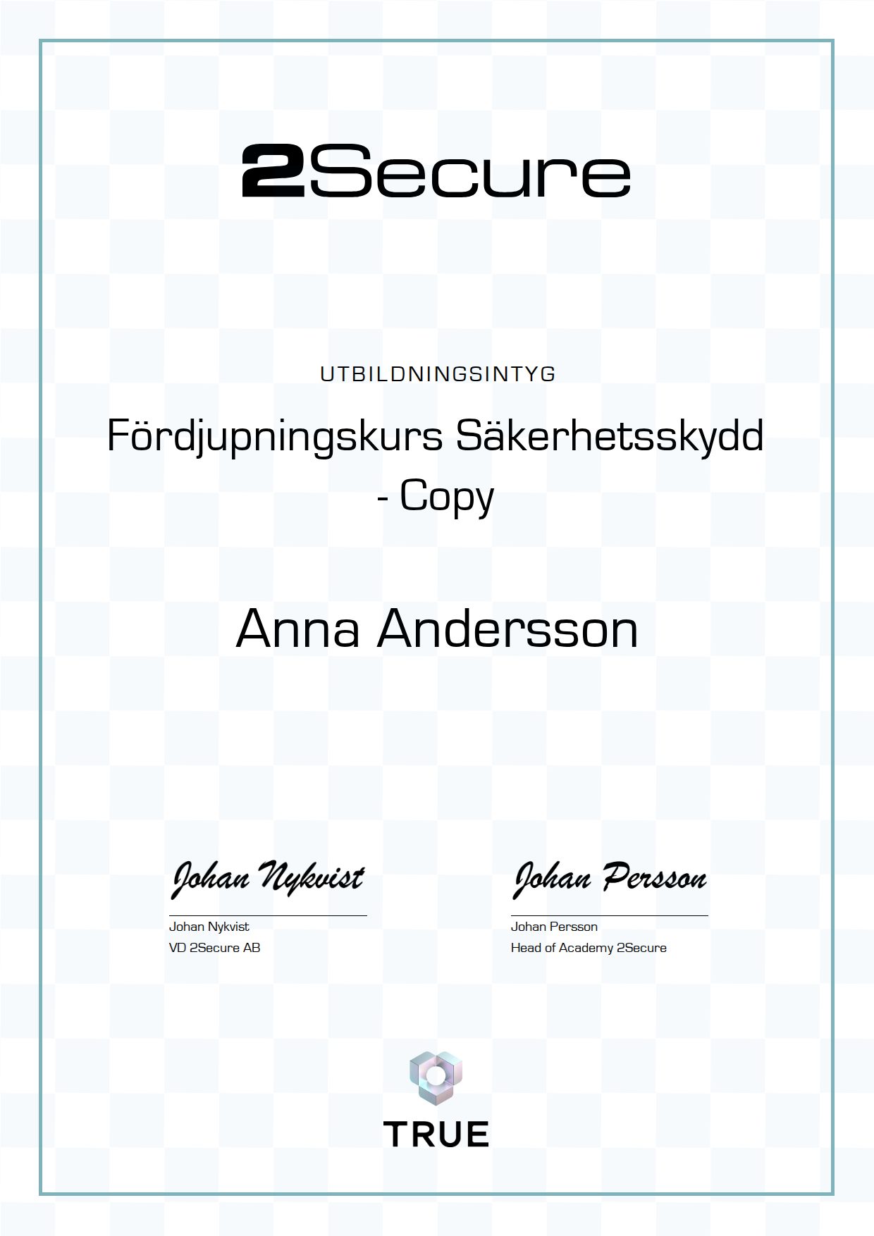 Exempel: diplom för Fördjupningskurs Säkerhetsskydd - Copy från 2Secure