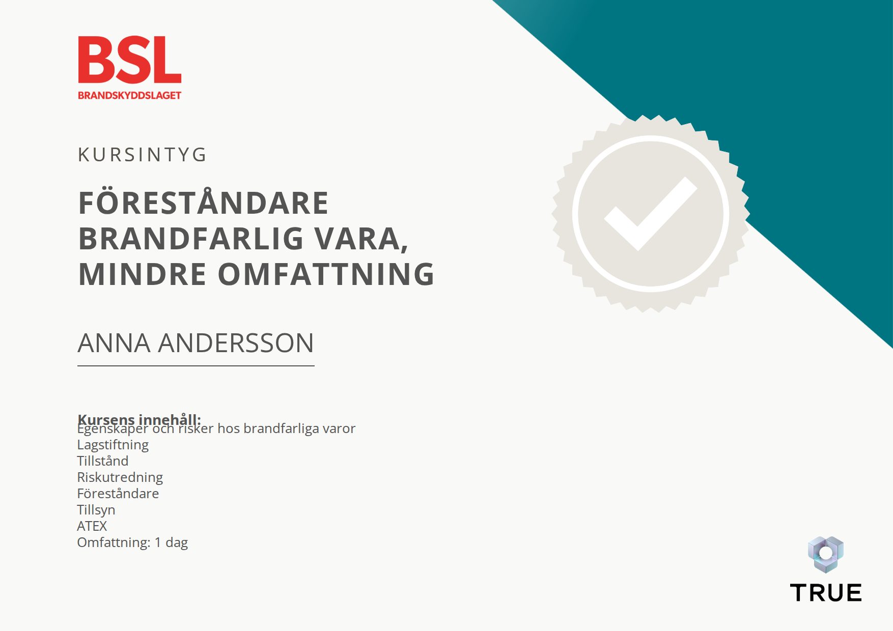 Example certificate for Föreståndare brandfarlig vara, mindre omfattning from Brandskyddslaget AB