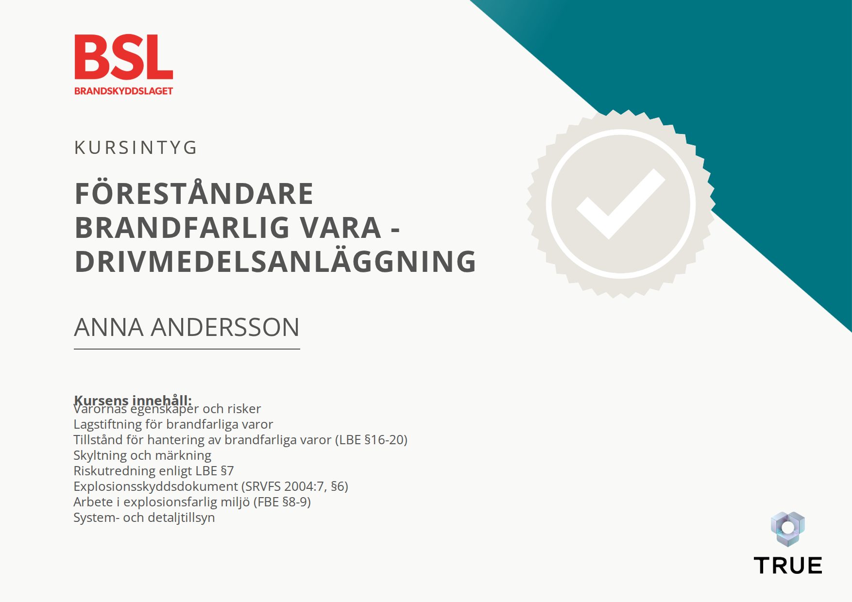 Example certificate for Föreståndare brandfarlig vara - drivmedelsanläggning from Brandskyddslaget AB
