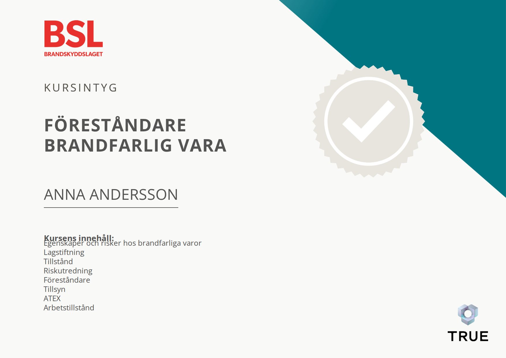 Example certificate for Föreståndare Brandfarlig vara from Brandskyddslaget AB